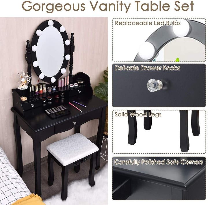CHARMAID | Vanity Set with Lighted Oval Mirror, Makeup Dressing Table with 10 LED Dimmable Bulbs and 3 Drawers - Giantexus
