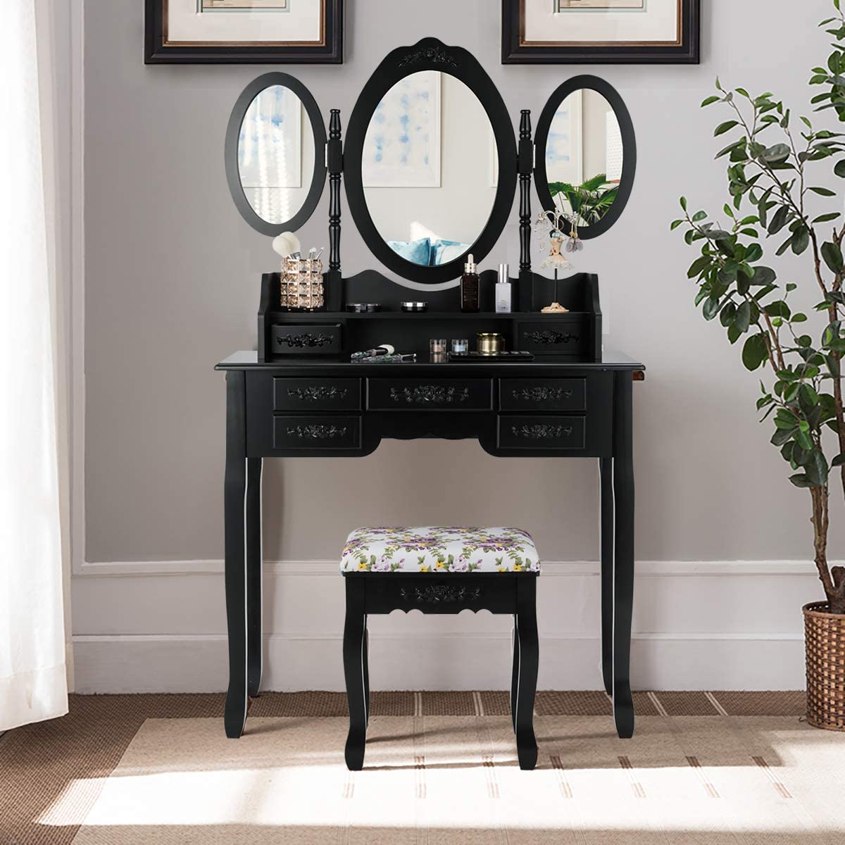 Vanity Set with Tri-Folding Mirror and Cushioned Stool - Giantex