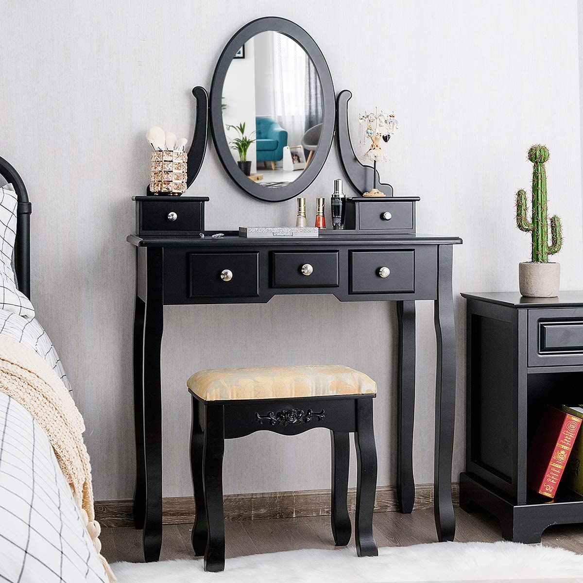 CHARMAID Vanity Table Set with Rotatable Oval Mirror (Black) - Giantexus