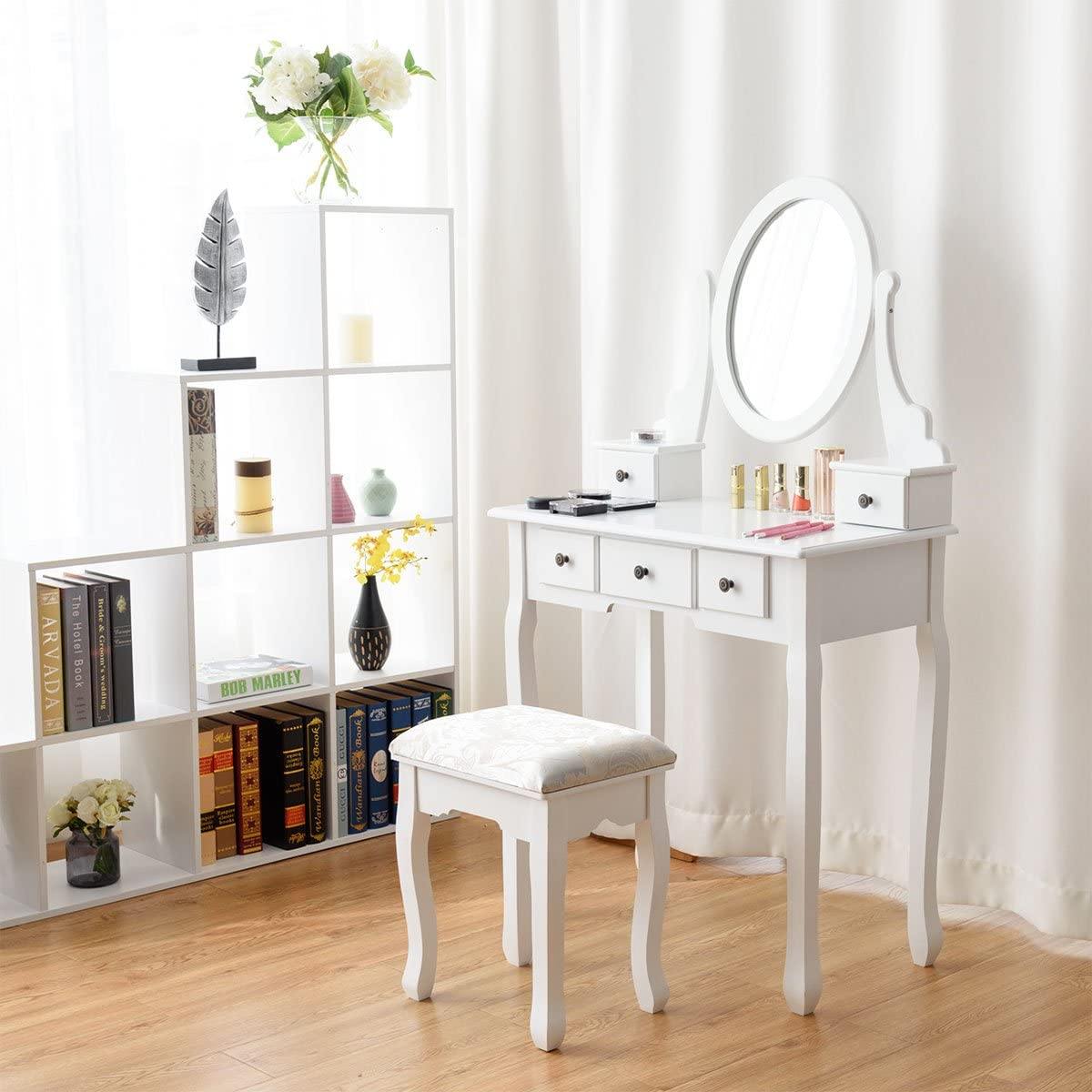 Vanity Set with Oval Mirror and 5 Drawers Girls Women Makeup Organizer Table, White - Giantexus