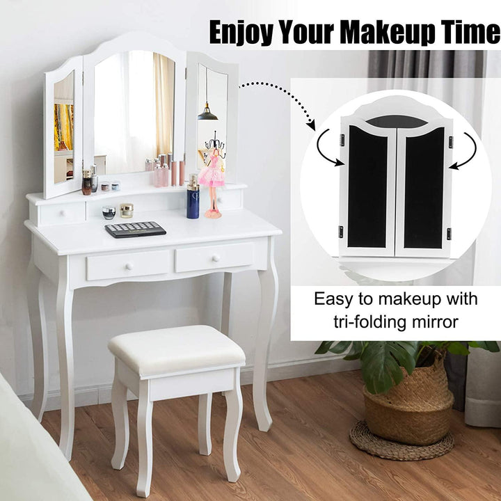 Vanity Table Set with Tri-Folding Mirror and 4 Drawers - Giantexus