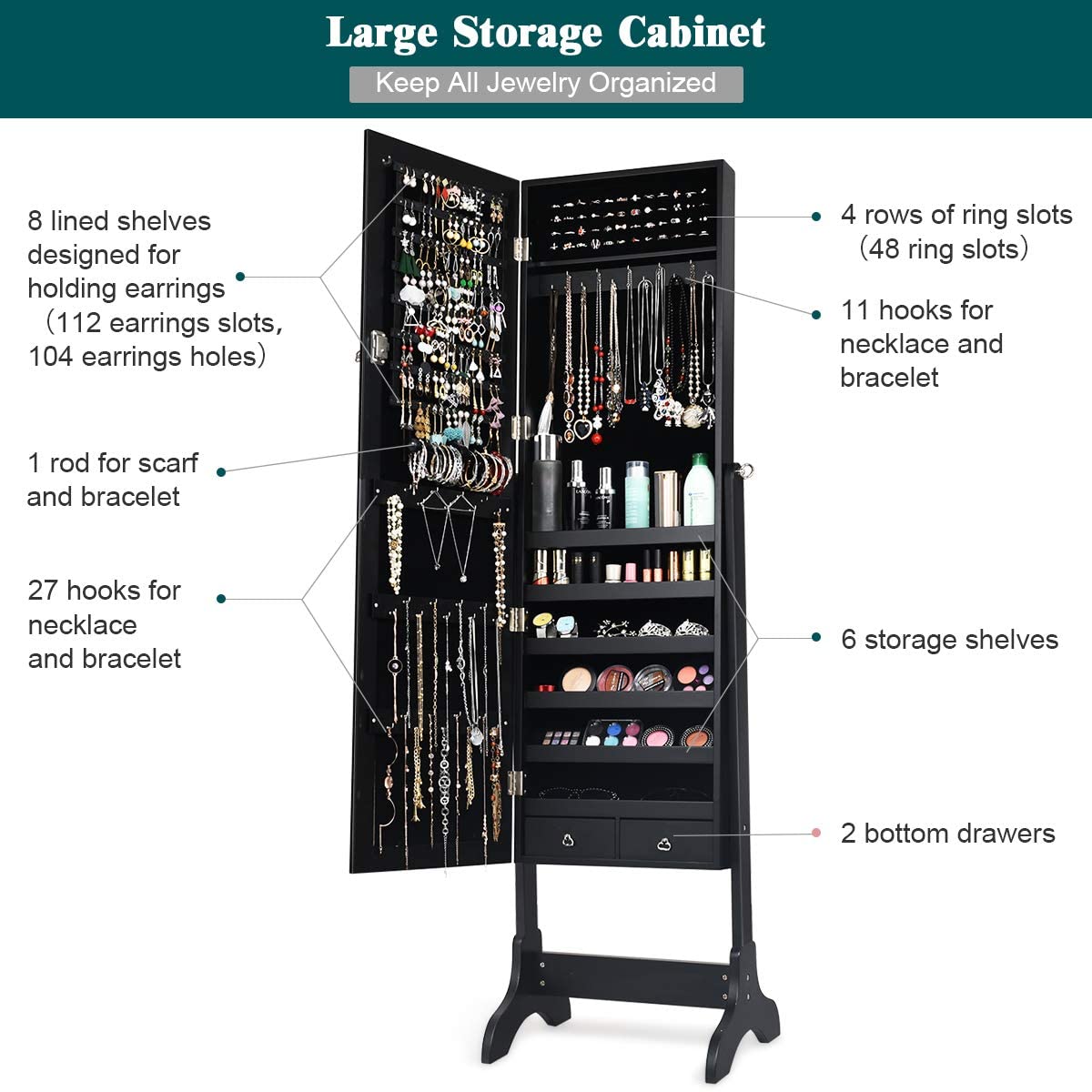 Lockable Standing Jewelry Armoire with Full Length Mirror - Giantex