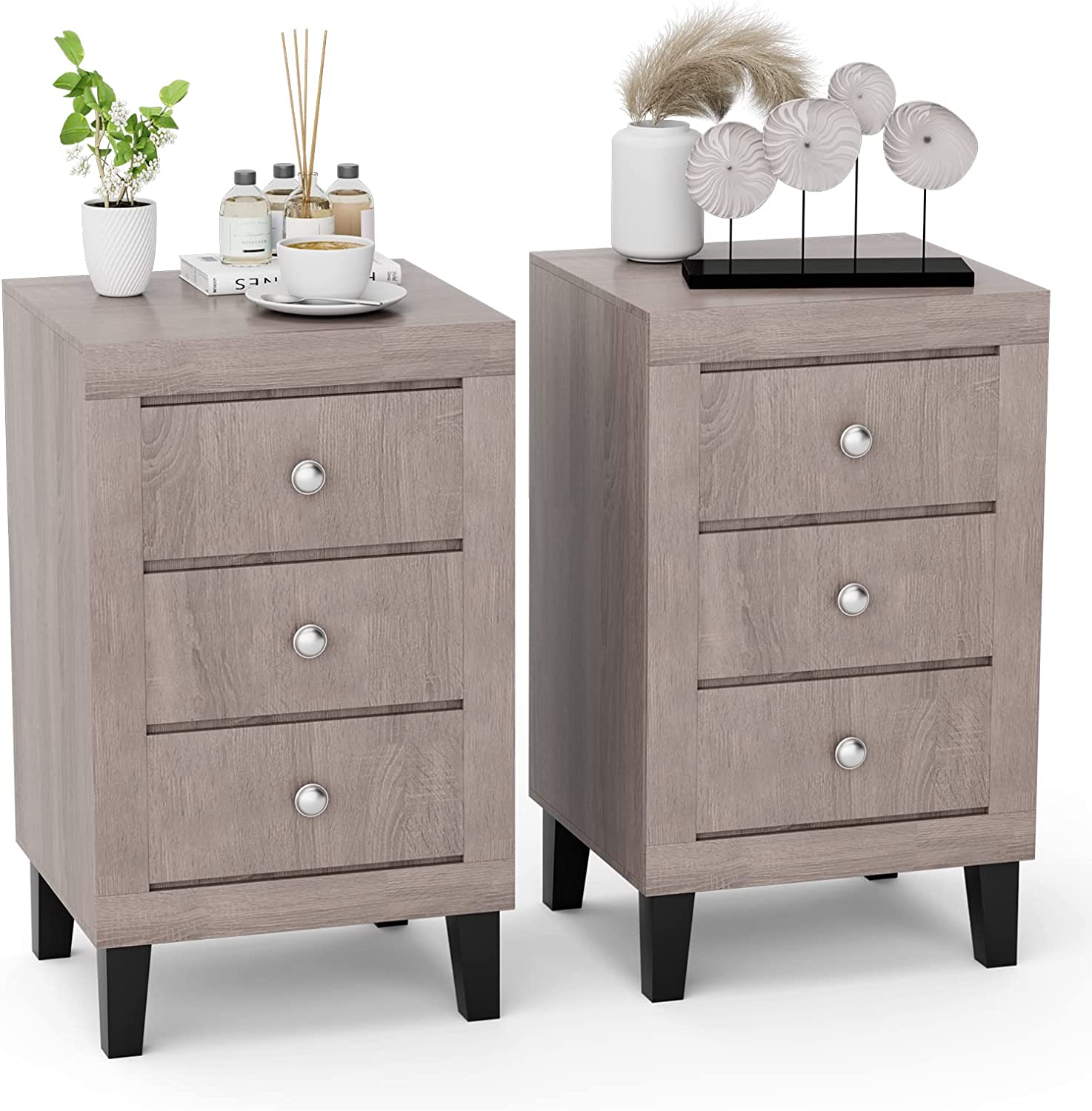 Giantex Nightstand with 3 Drawers, 26.5" Wood End Side Table w/Handles & Rubber Solid Wood Legs