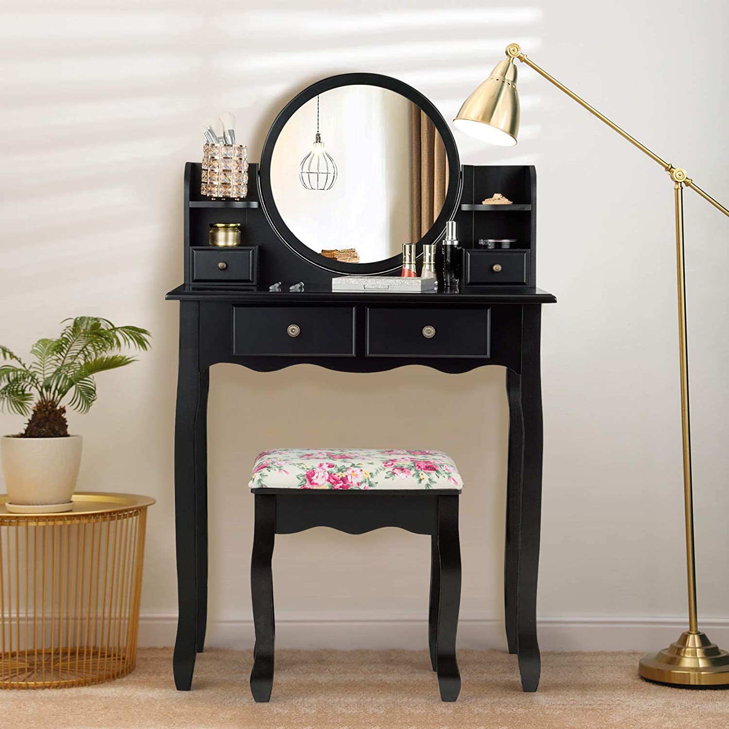 CHARMAID | Vanity Set with 4 Storage shelves and 4 Drawers, Makeup Table with 360?? Pivoted Round Mirror and Makeup Organizers - Giantexus