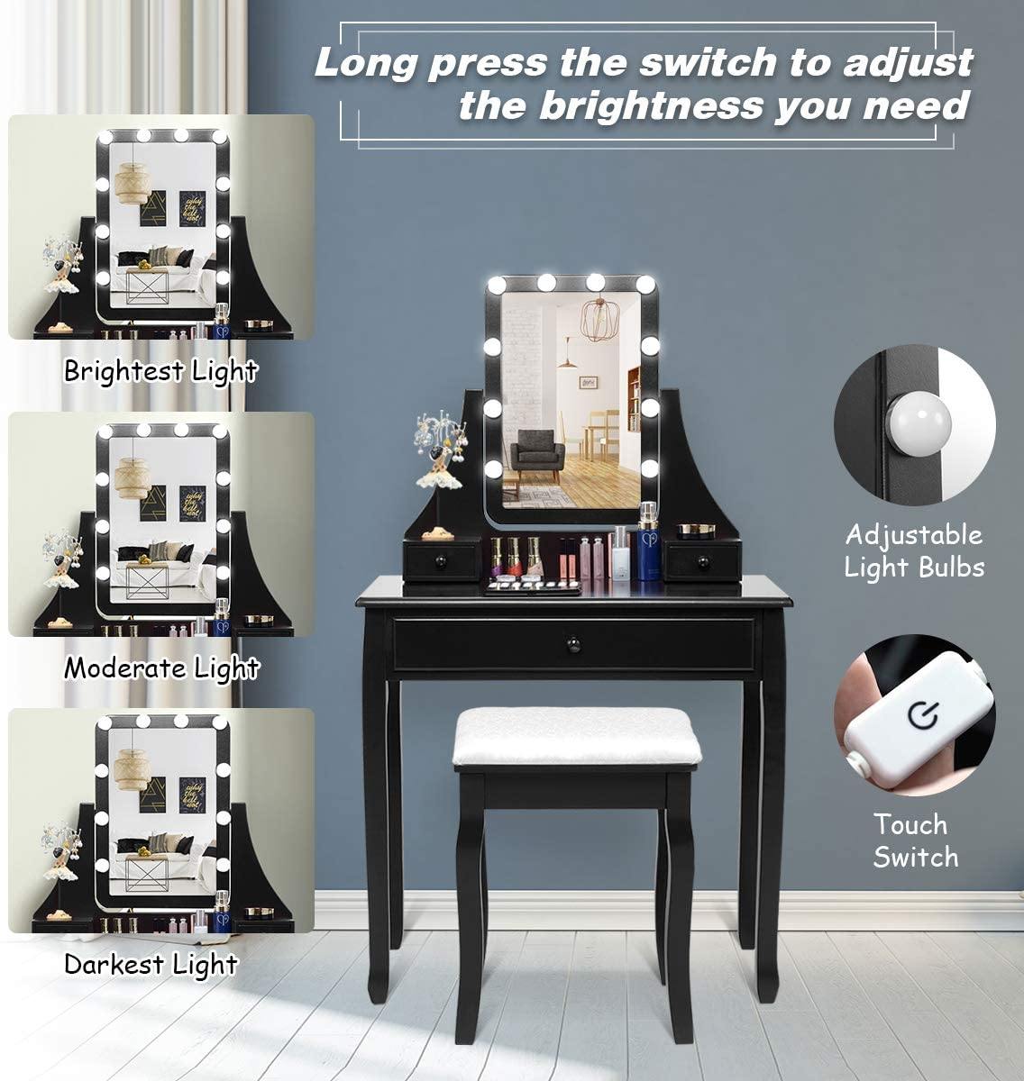 CHARMAID | Vanity Set with Lighted Mirror, Makeup Dressing Table with 10 LED Dimmable Bulbs, Touch Switch, 3 Drawers 2 Dividers - Giantexus