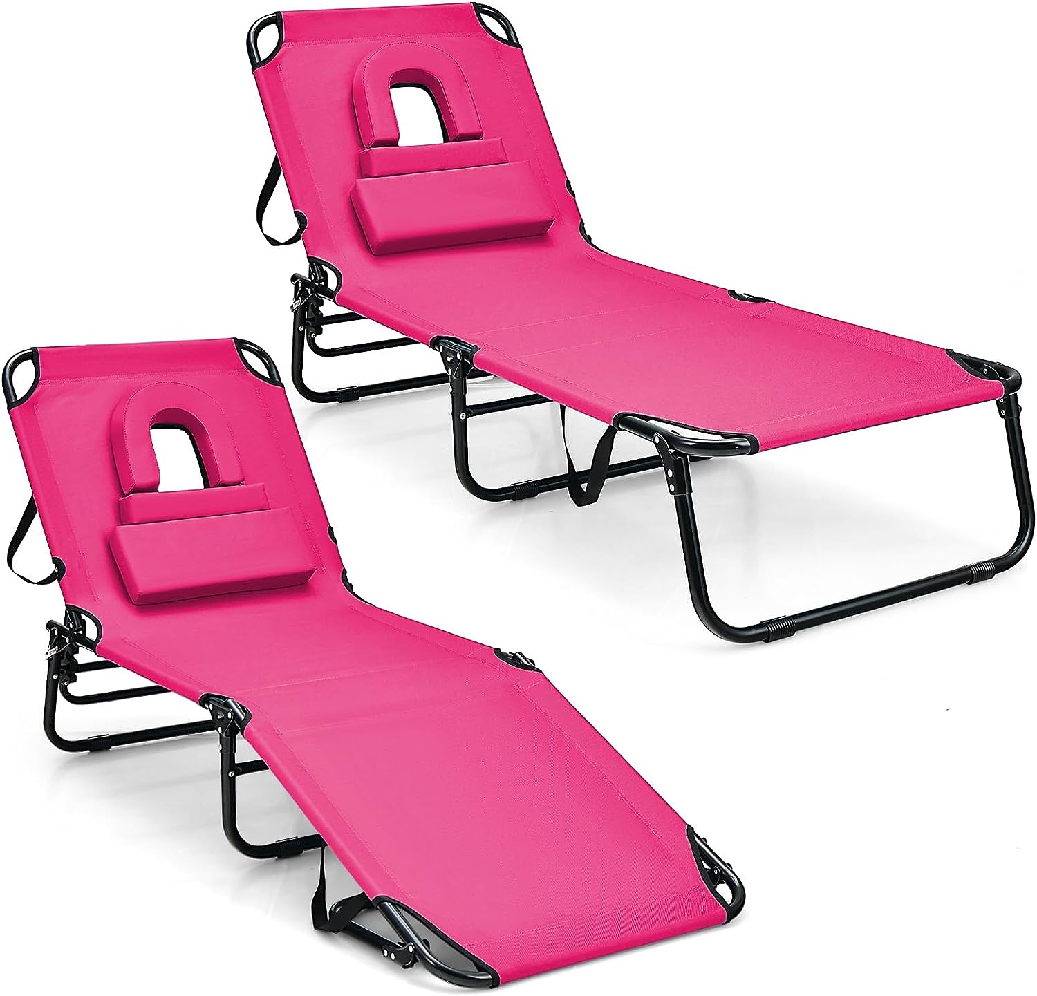 Giantex Folding Beach Tanning Chair - Adjustable Patio Lounge Chair w/Face Hole, Removable Pillows, Carry Strap