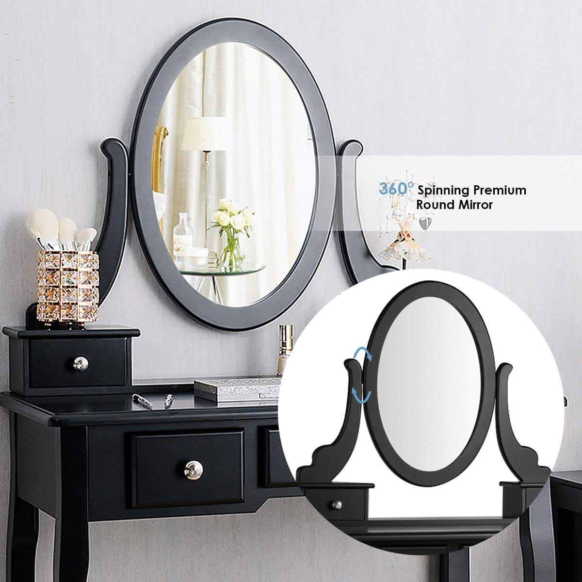 CHARMAID Vanity Table Set with Rotatable Oval Mirror (Black) - Giantexus