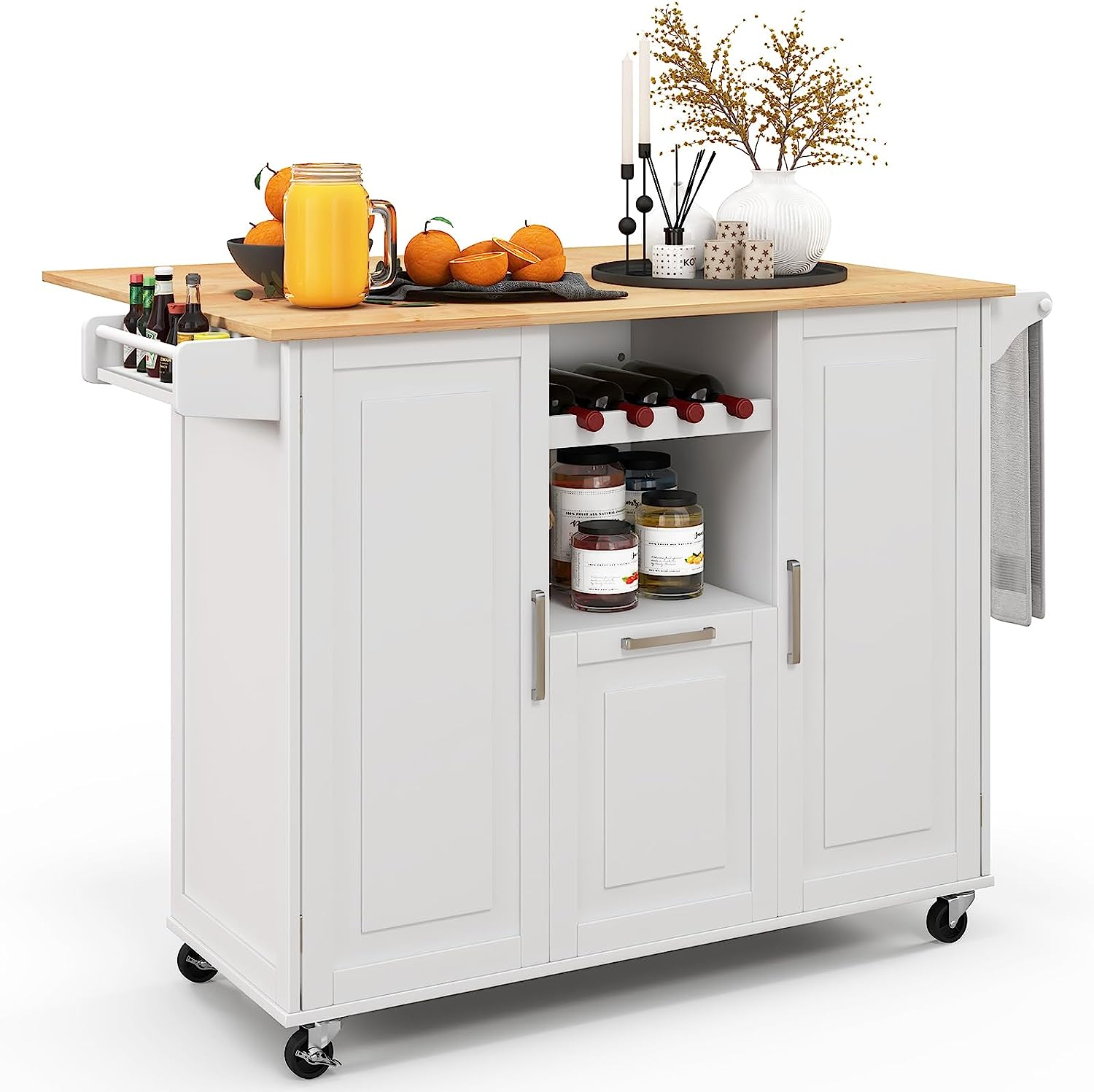 Giantex Mobile Kitchen Island with Drop Leaf, Rolling Island Table with Rubber Wood Top