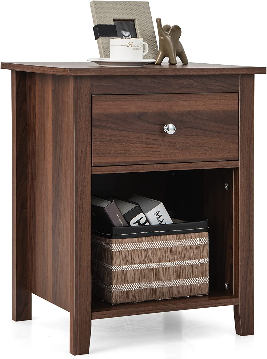 Giantex Nightstand with Storage Drawers and Open Shelf, Rustic Vintage Bedside Table