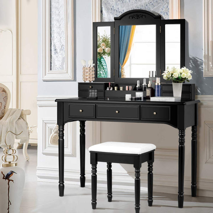 Vanity Set with Tri-Folding Mirror & 8 Necklace Hooks, 7 Drawers, 2 Dividers, 6 Desktop Makeup Organizers - Giantexus