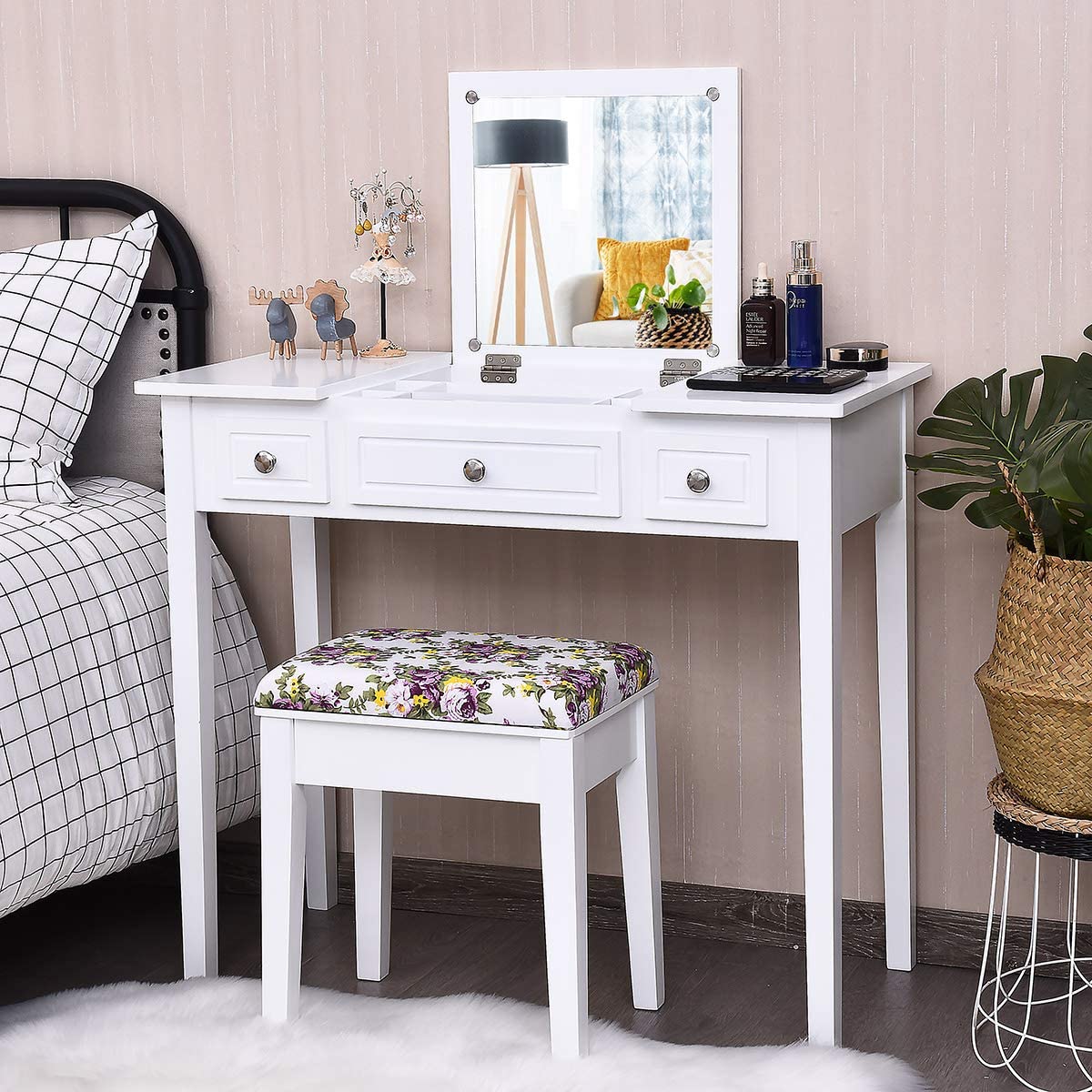 CHARMAID Vanity Set with Flip Top Mirror and 3 Drawers &7 Compartments, White - Giantexus