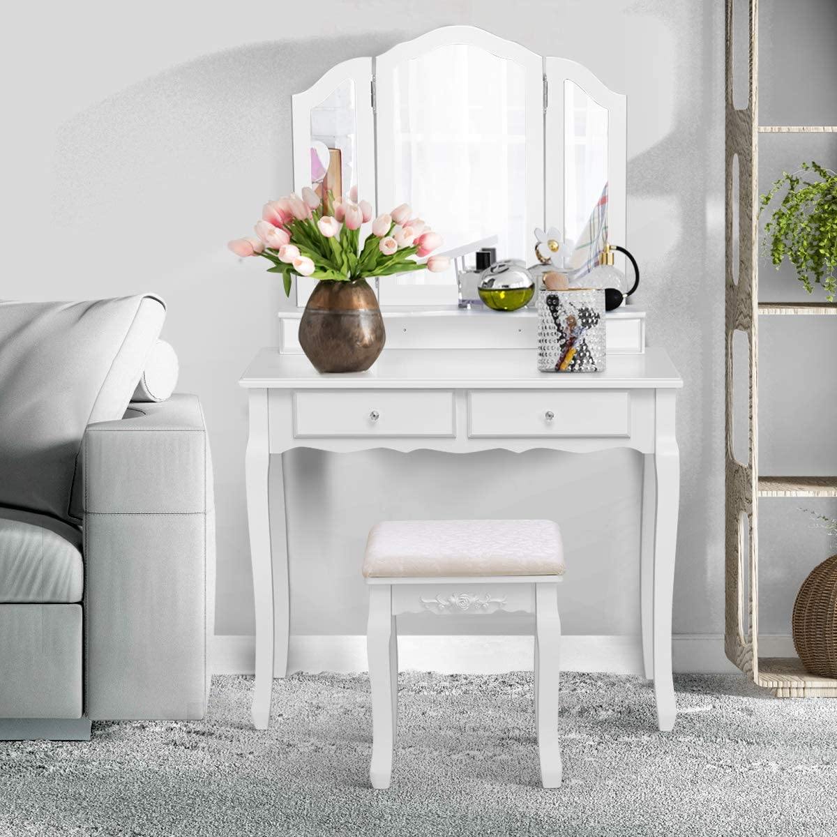 Vanity Set with Tri-Folding Mirror and 4 Drawers Makeup Dressing Table - Giantexus