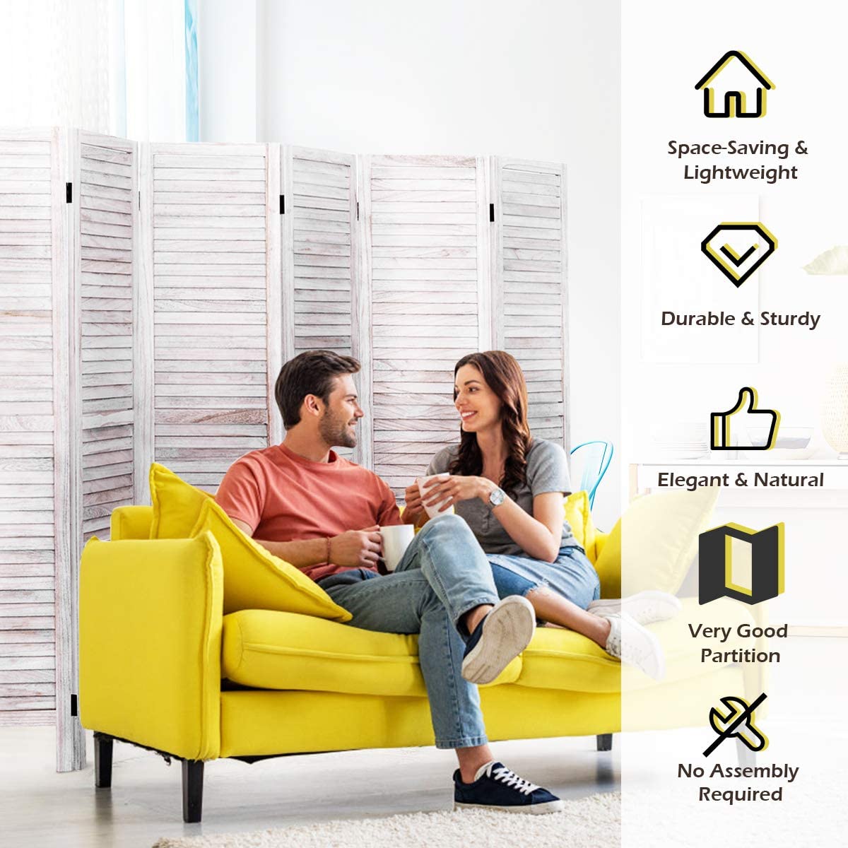 6 Panel Wood Room Divider, 5.6 Ft Tall Oriental Folding Freestanding Partition Privicy Room Dividers Screen for Home (White) - Giantexus