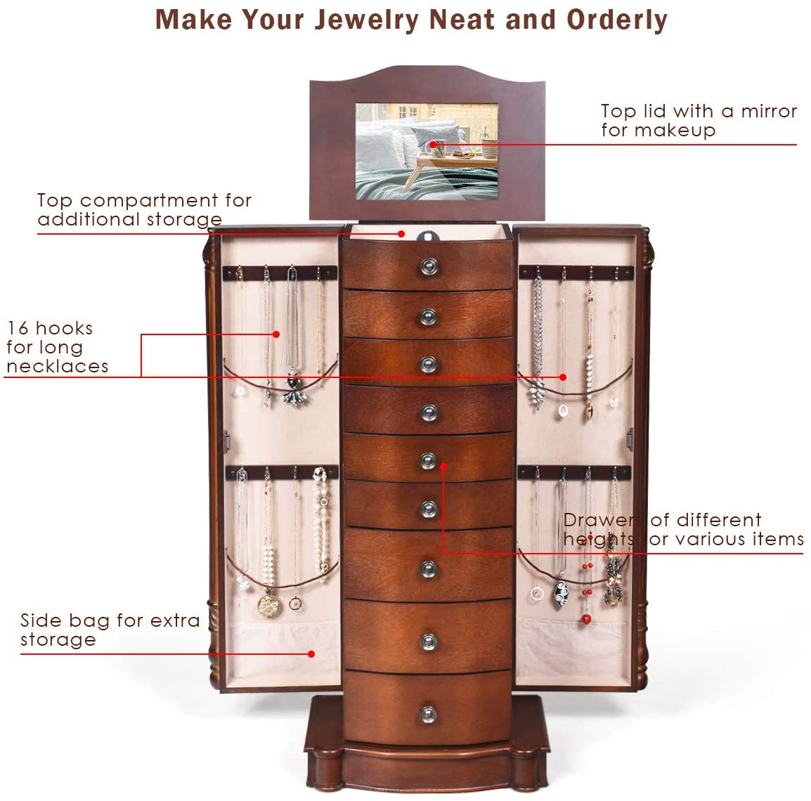 Large Jewelry Armoire Cabinet with 8 Drawers & 2 Swing Doors - Giantex