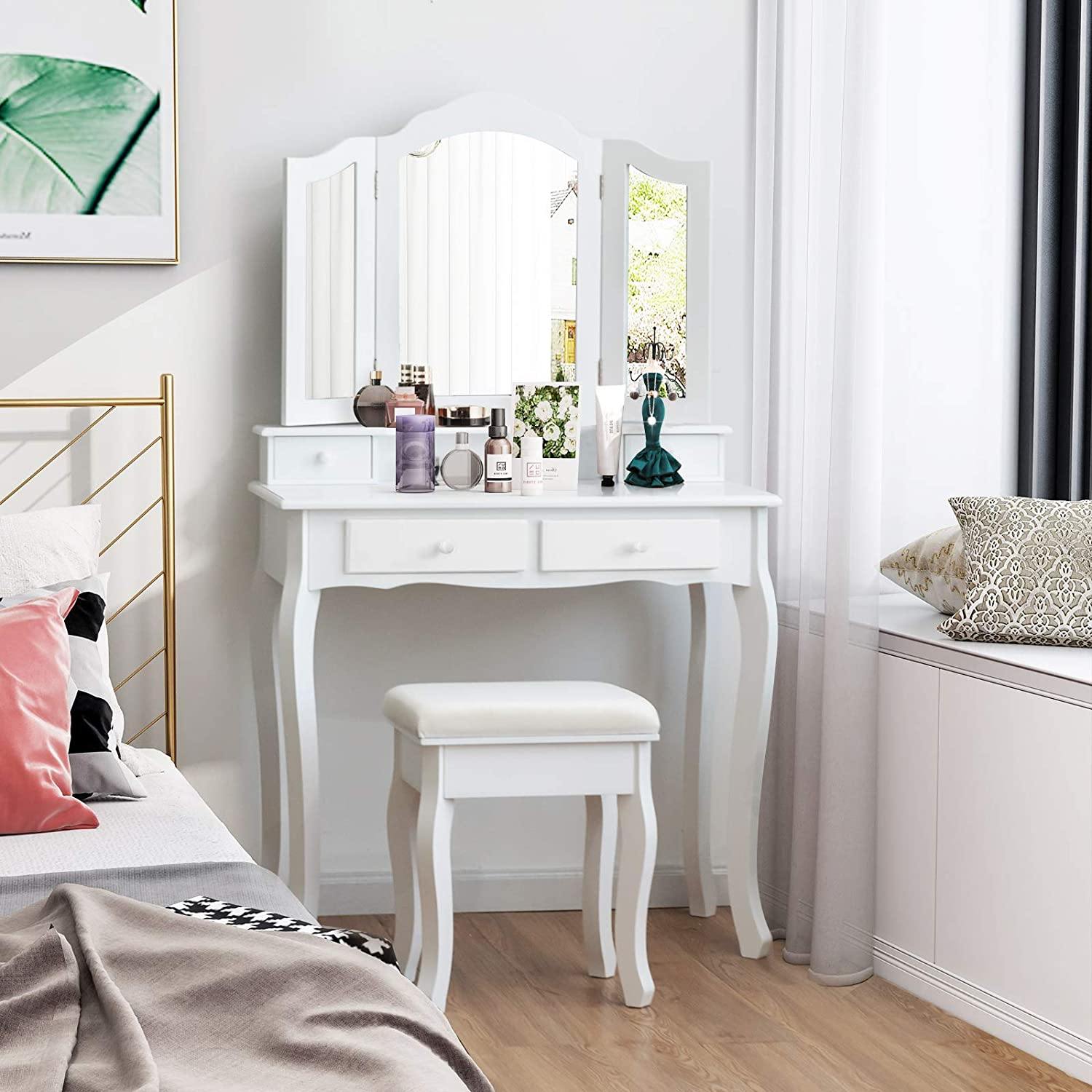 Vanity Table Set with Tri-Folding Mirror and 4 Drawers - Giantexus