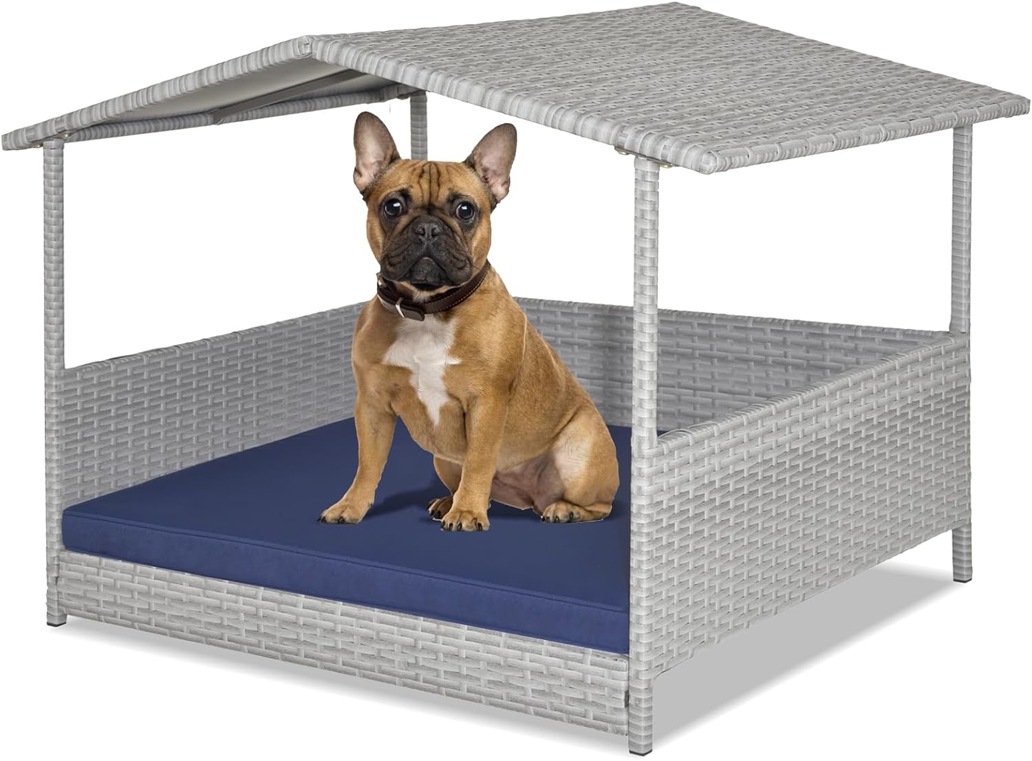 Giantex Wicker Dog House, Raised Rattan Dog Bed with Roof, Removable Cushion and Steel Frame