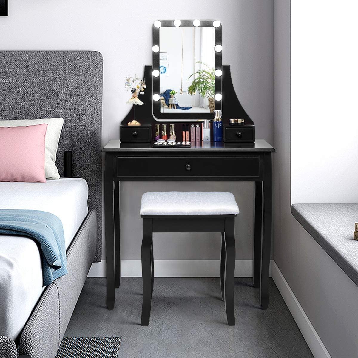 CHARMAID | Vanity Set with Lighted Mirror, Makeup Dressing Table with 10 LED Dimmable Bulbs, Touch Switch, 3 Drawers 2 Dividers - Giantexus