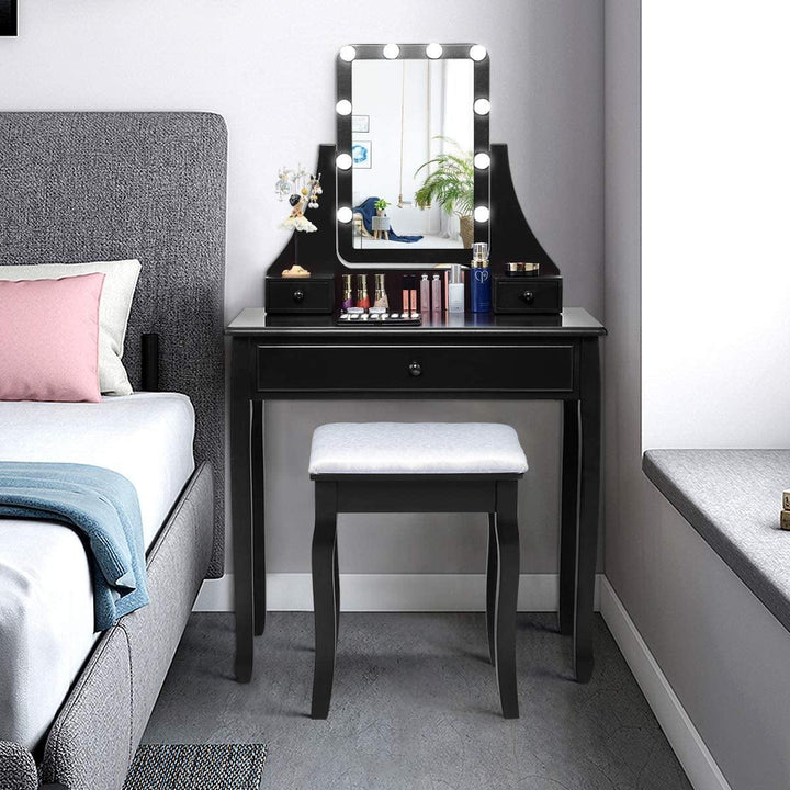 CHARMAID | Vanity Set with Lighted Mirror, Makeup Dressing Table with 10 LED Dimmable Bulbs, Touch Switch, 3 Drawers 2 Dividers - Giantexus