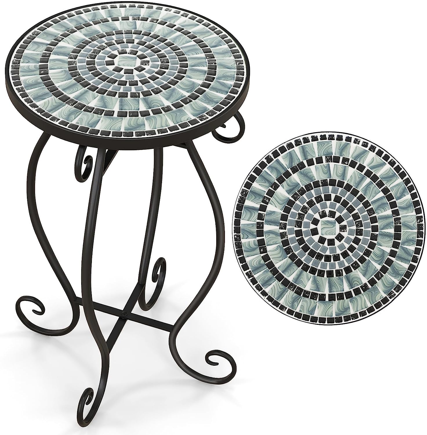 Giantex Folding Mosaic Patio Table, 14'' Outdoor Side Table Round Accent Table Plant Stand with Ceramic Tile Top