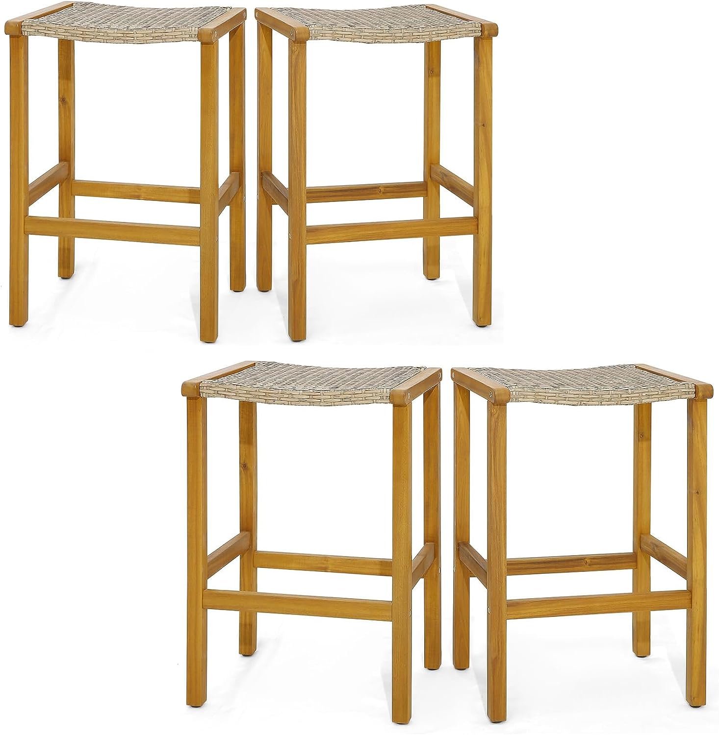 Giantex Patio Wood Bar Stools Set of 2, Acacia Wood Bar Stools w/Rattan Woven Seat