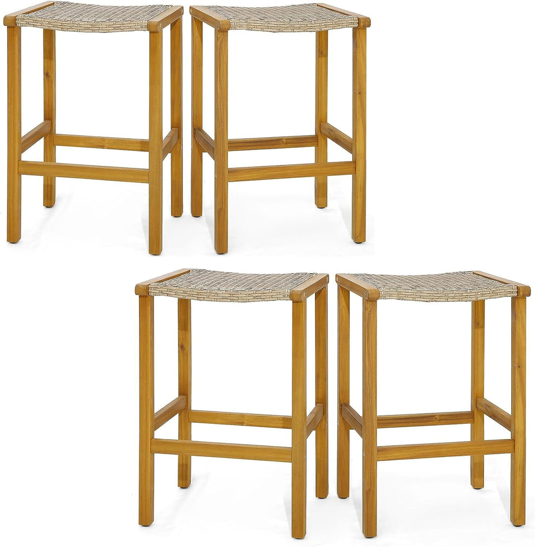 Giantex Patio Wood Bar Stools Set of 2, Acacia Wood Bar Stools w/Rattan Woven Seat