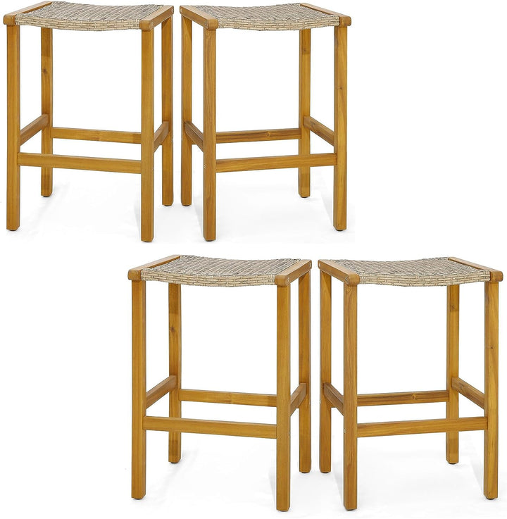 Giantex Patio Wood Bar Stools Set of 2, Acacia Wood Bar Stools w/Rattan Woven Seat