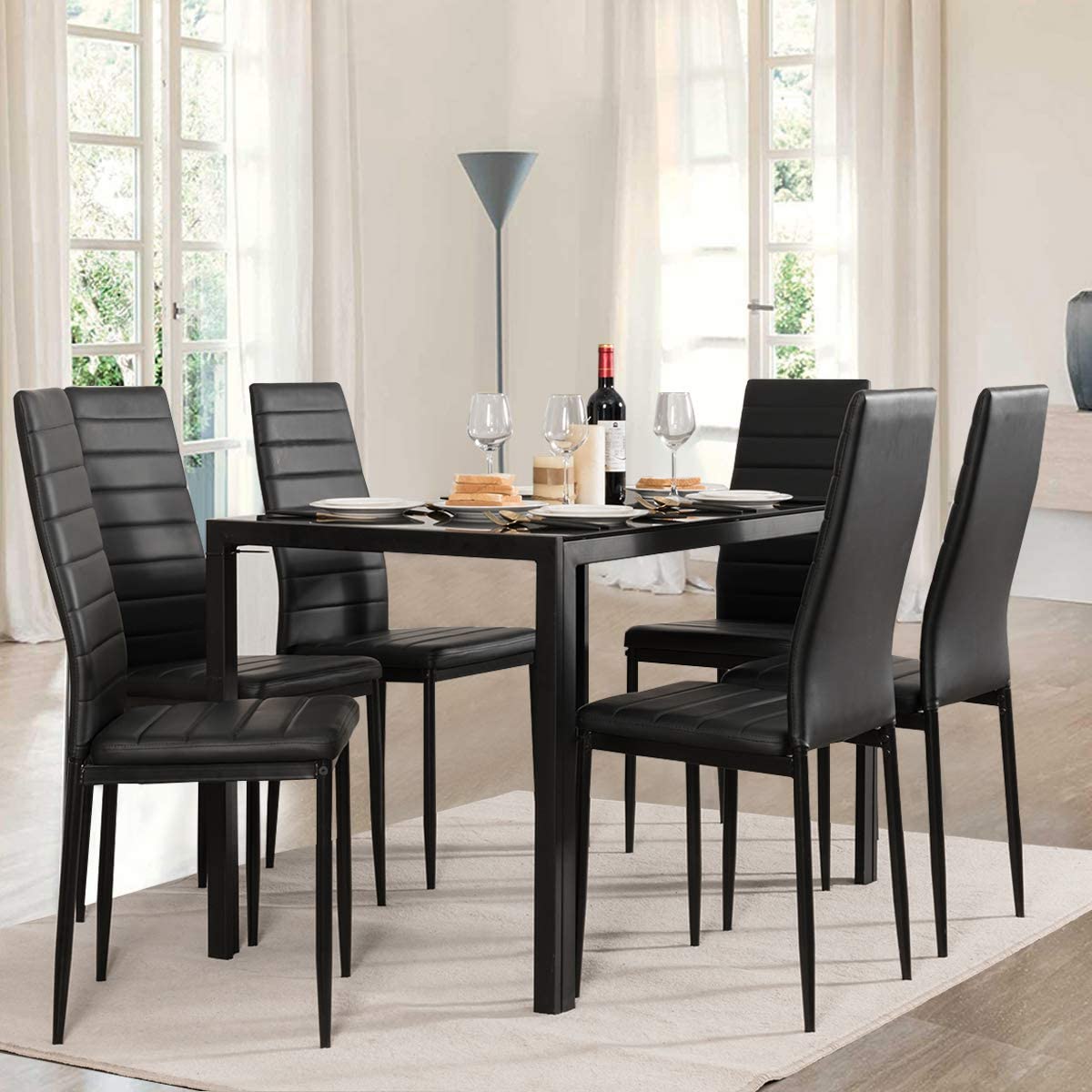 Giantex Kitchen Dining Table Set, Glass Tabletop Dining Room Set with Leather Padded 6 Chairs, Black