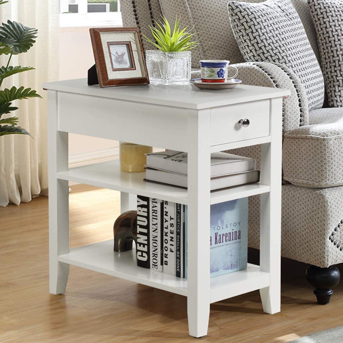 Giantex 3-Tier End Table with Drawer and Double Shelves Narrow Tiered Side Table for Bedroom