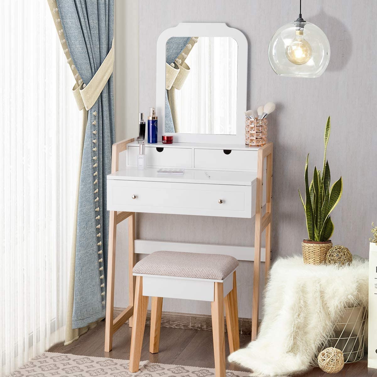 CHARMAID Vanity Set with 2-Tier Tabletop & 3 Drawers, 25inch Dressing Table with Large Mirror and Cushioned Stool - Giantexus