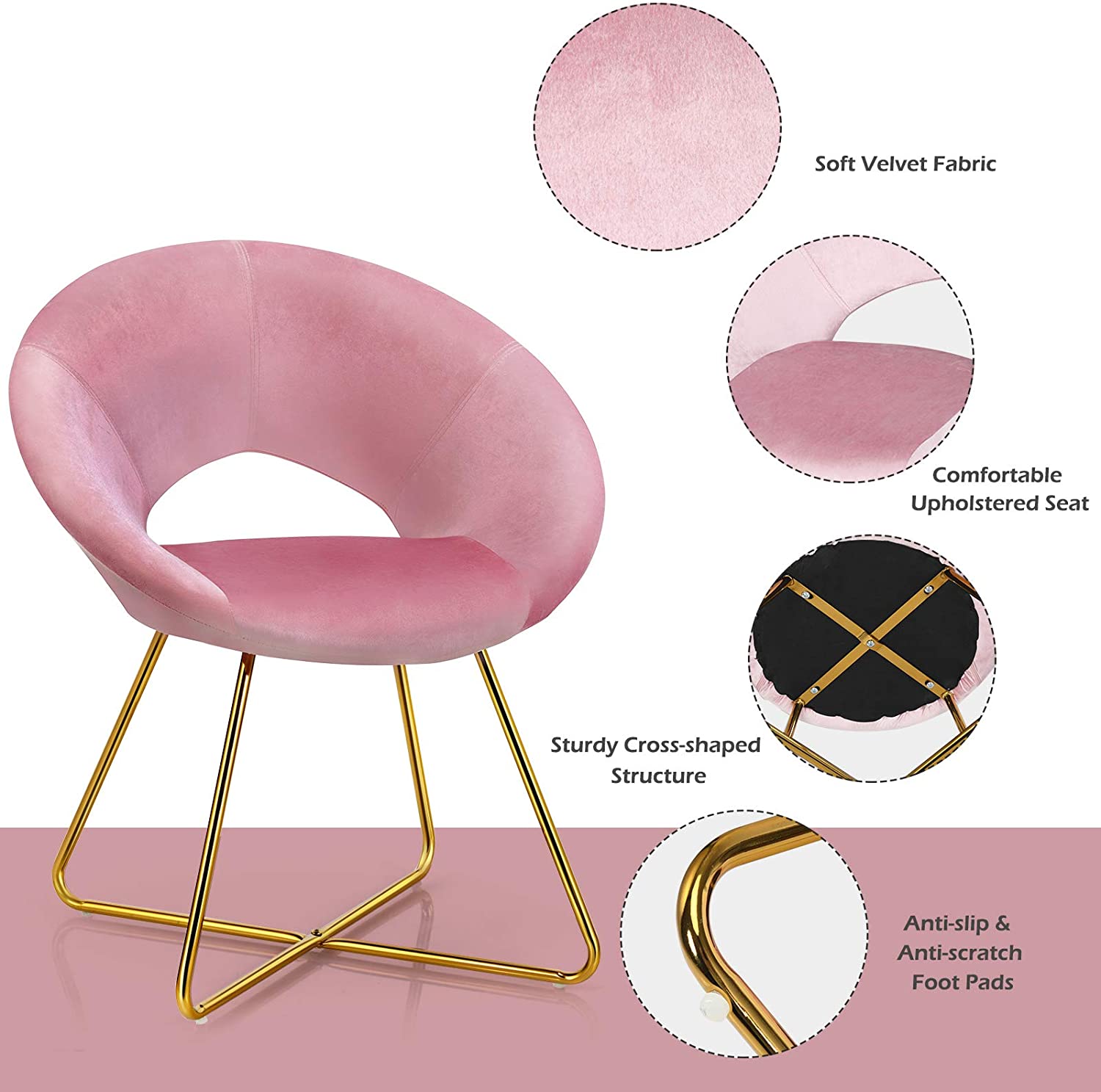 Modern Velvet Accent Chair, Comfy Cute Upholstered Vanity Desk Chair - Giantexus