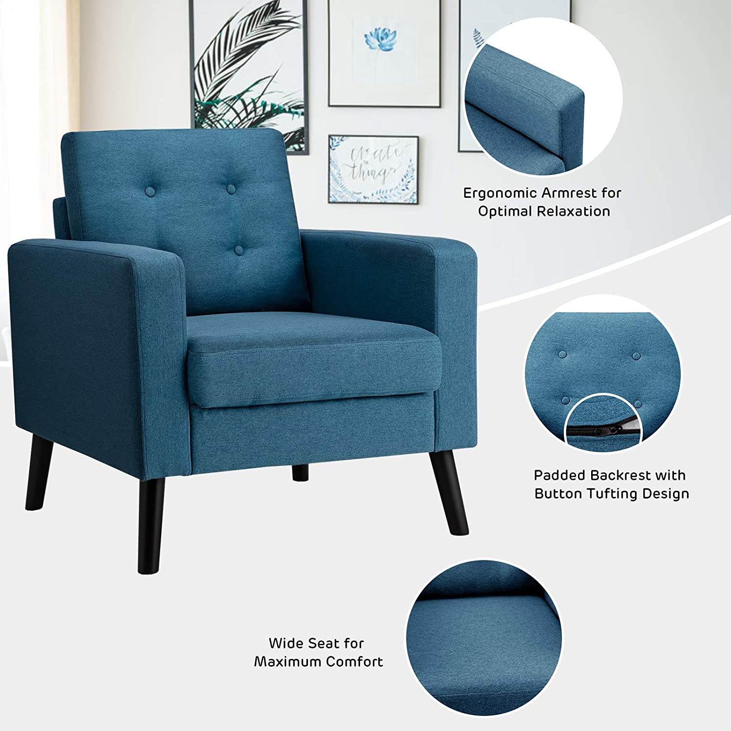 Giantex Modern Accent Chair, Mid-Century Upholstered Armchair Club Chair - Giantexus