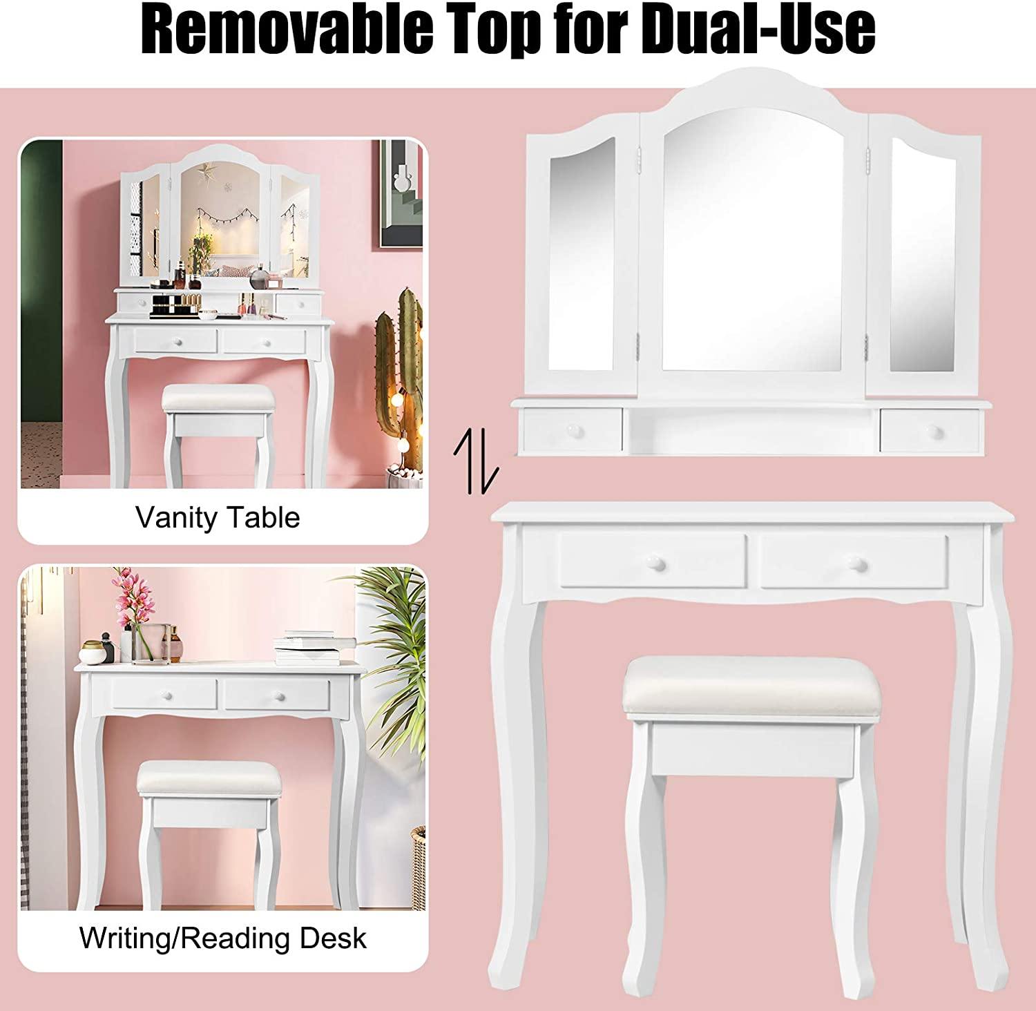 Vanity Table Set with Tri-Folding Mirror and 4 Drawers - Giantexus