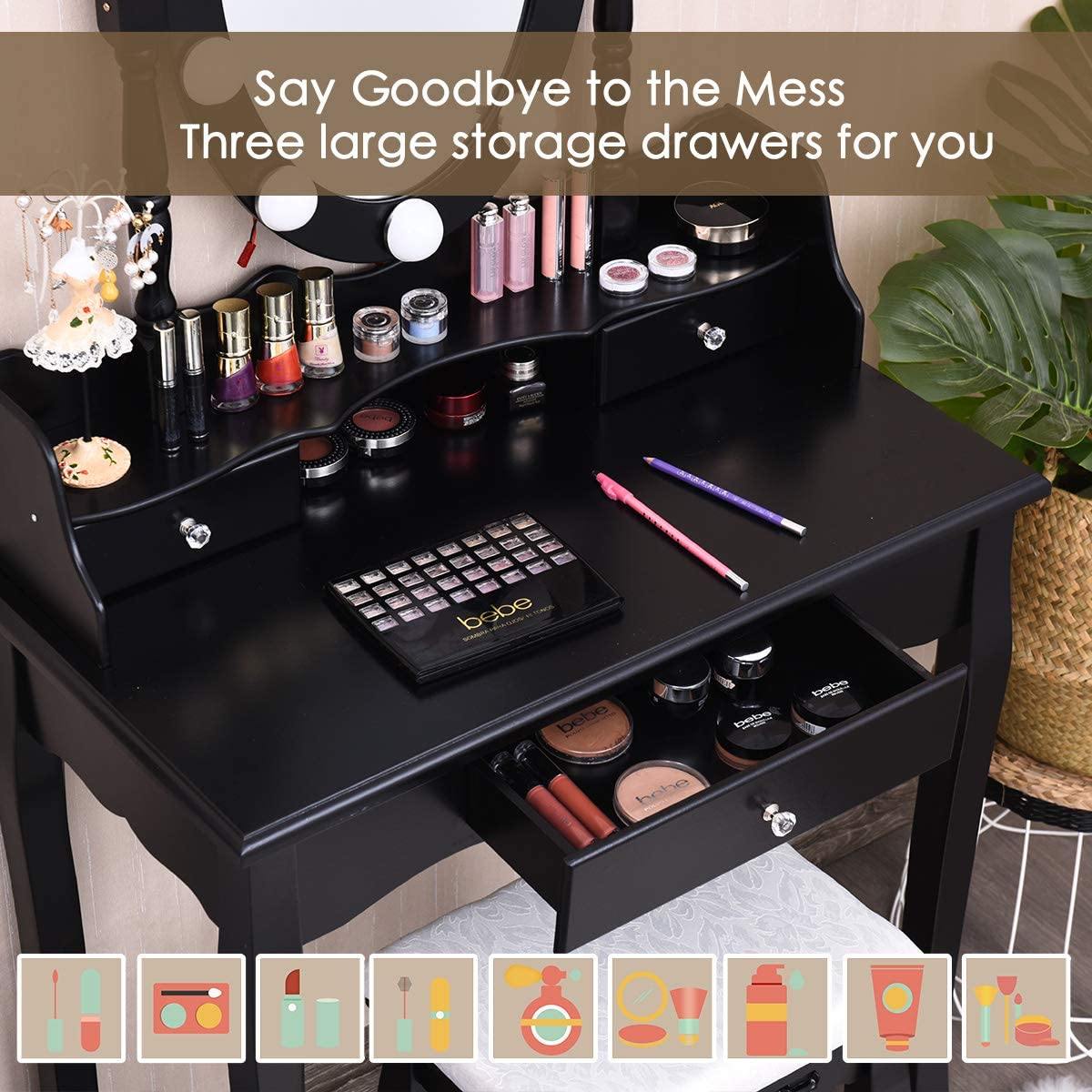 CHARMAID | Vanity Set with Lighted Oval Mirror, Makeup Dressing Table with 10 LED Dimmable Bulbs and 3 Drawers - Giantexus