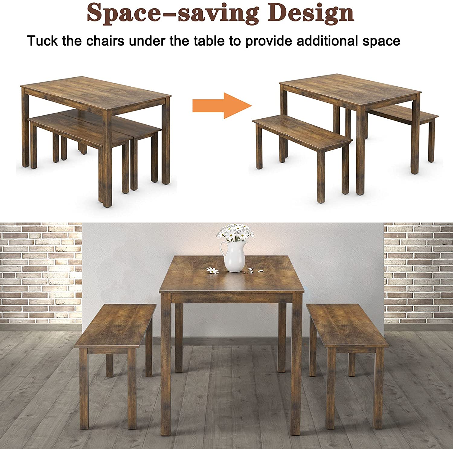 Wooden 3 Pcs Kitchen Dining Room Furniture for 4, Modern Studio Collection Table Set with 2 Benches, Dinette Set (Coffee Brown)
