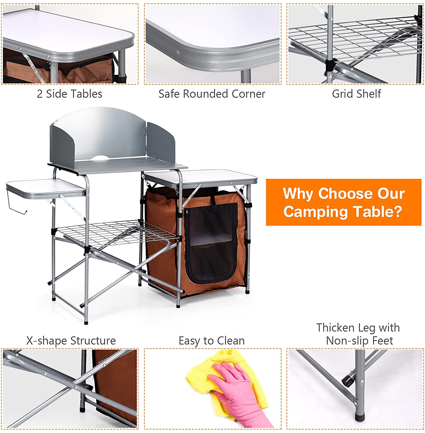 Folding Grill Table with 26'' Tabletop and Detachable Windscreen