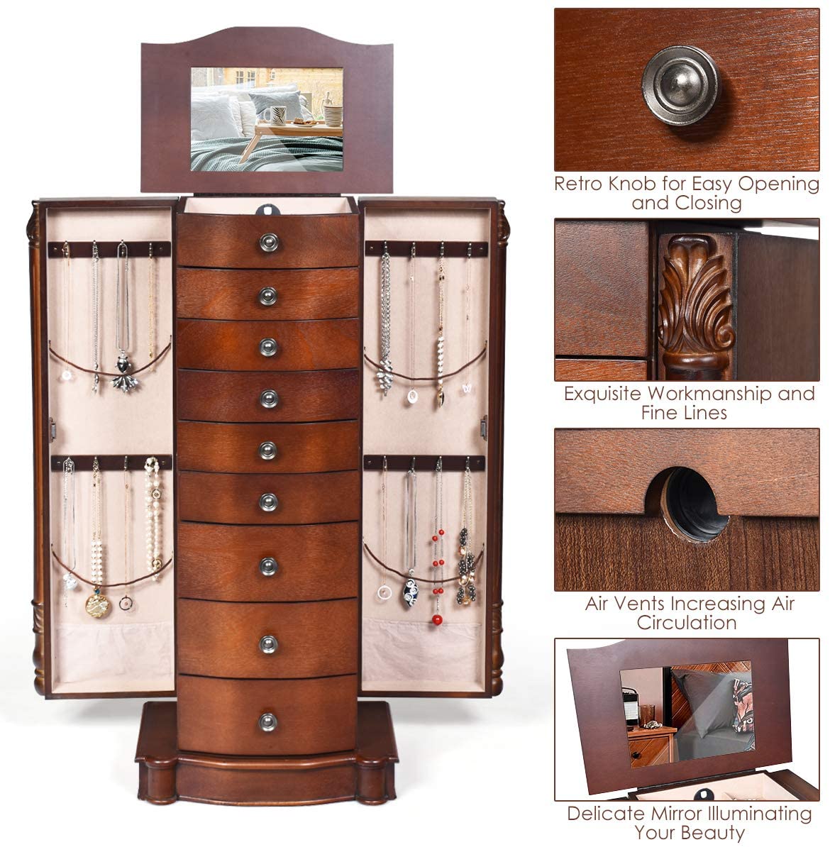 Large Jewelry Armoire Cabinet with 8 Drawers & 2 Swing Doors - Giantex