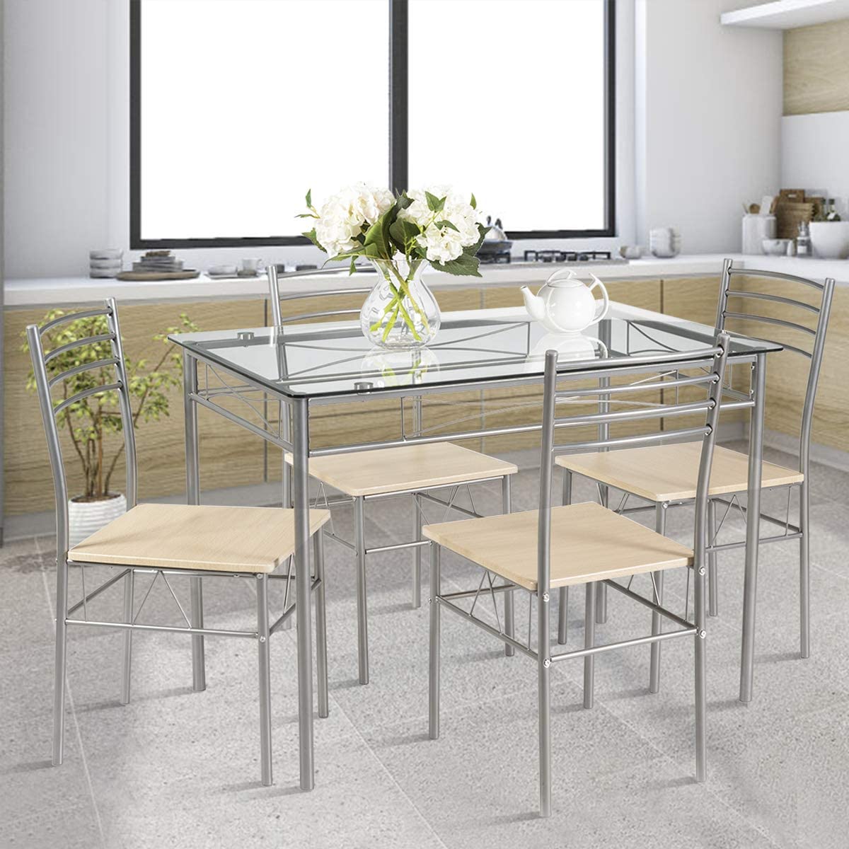 Giantex 5 Piece Dining Table Set, Kitchen Dining Set with Tempered Glass Table Top and 4 Chairs