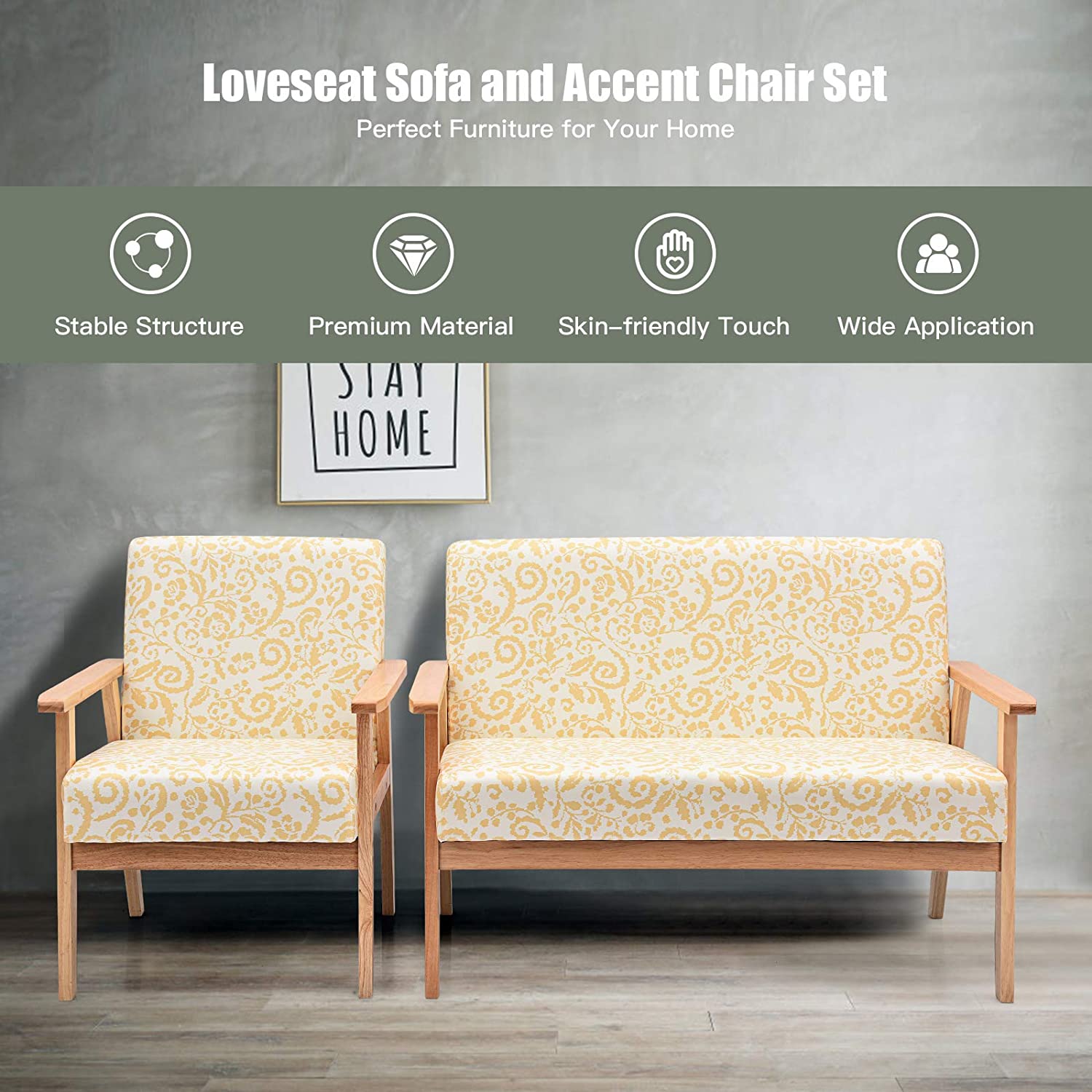 Mid-Century Wooden Loveseat Accent Chair Set - Giantexus