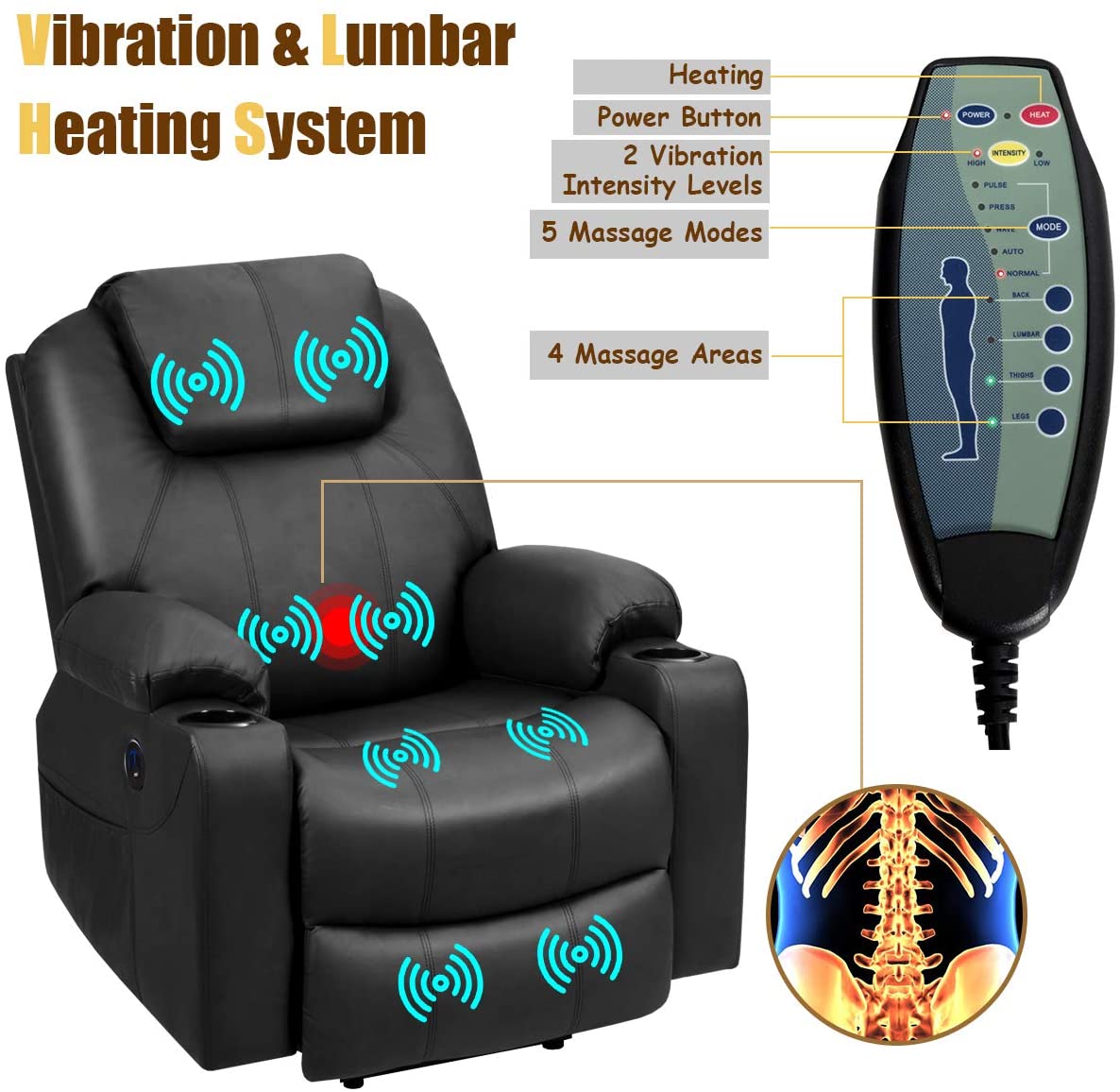 Power Lift Recliner Chair for Elderly Faux Leather Electric Recliner w/Massage and Heating