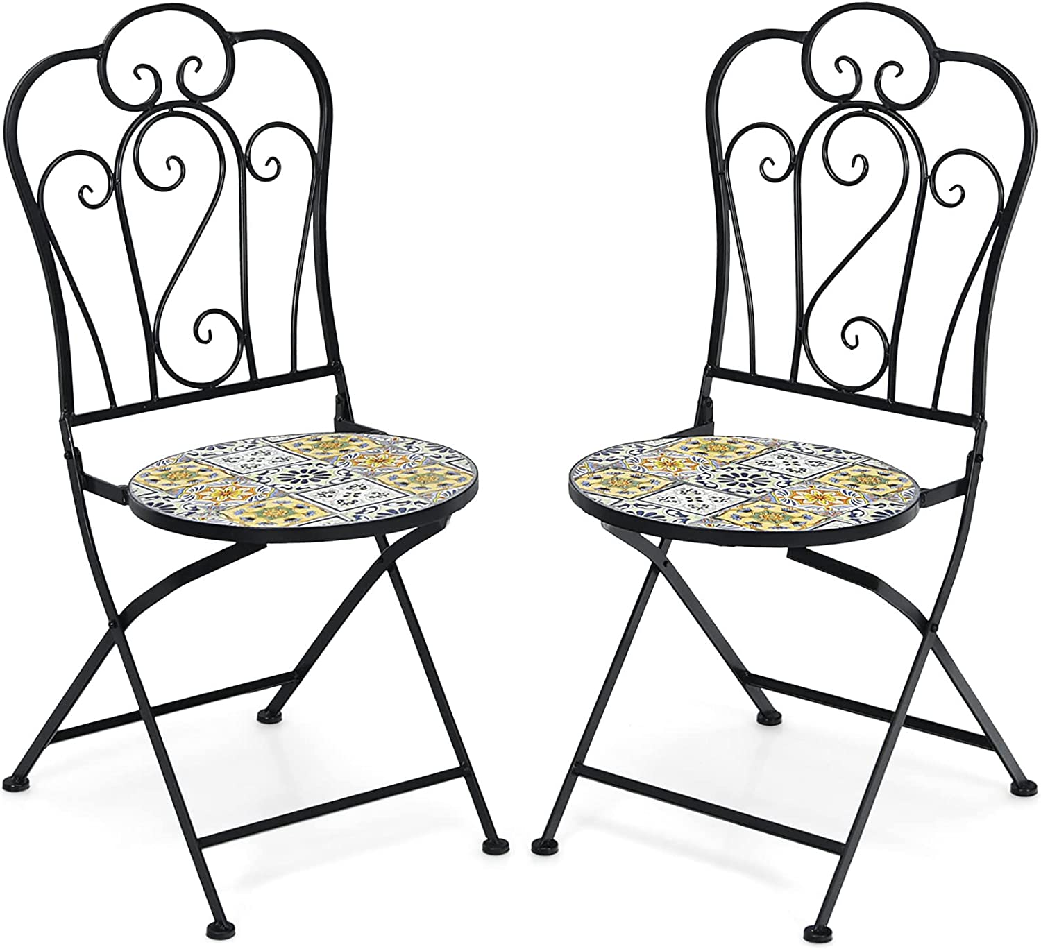 Giantex 2 Pieces Folding Bistro Chairs, Mosaic Patio Chairs with Ceramic Tiles Seat and Exquisite Floral Pattern