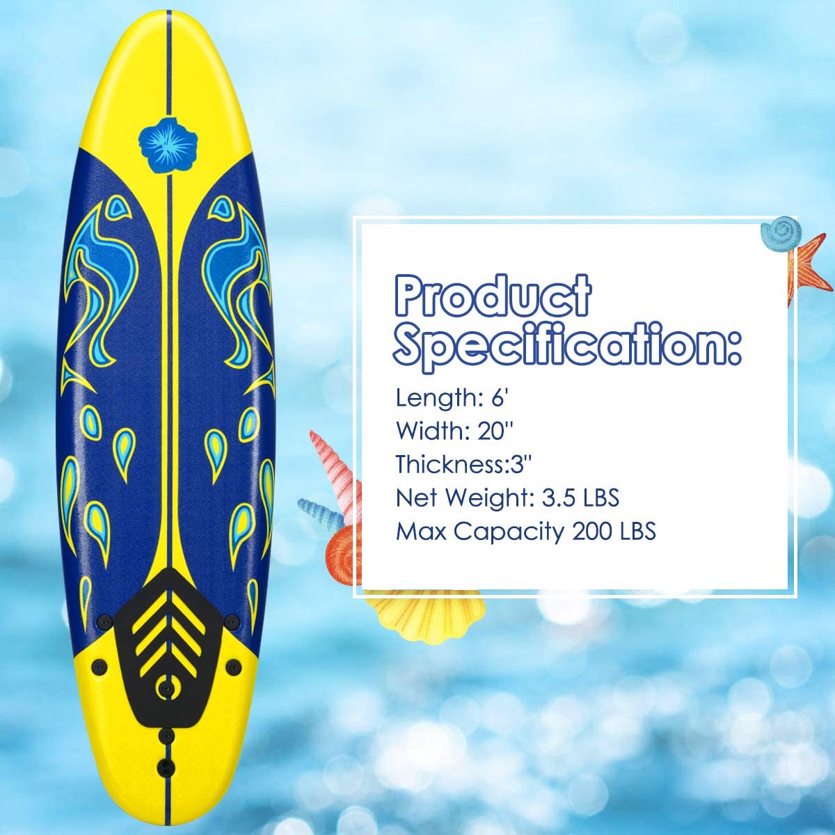 Giantex Surfboard, 6 Ft Stand Up Surfing Board w/ 3 Detachable Fins - Giantexus