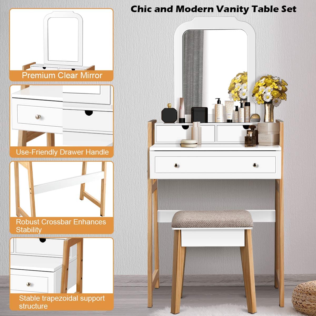 CHARMAID Vanity Set with 2-Tier Tabletop & 3 Drawers, 25inch Dressing Table with Large Mirror and Cushioned Stool - Giantexus