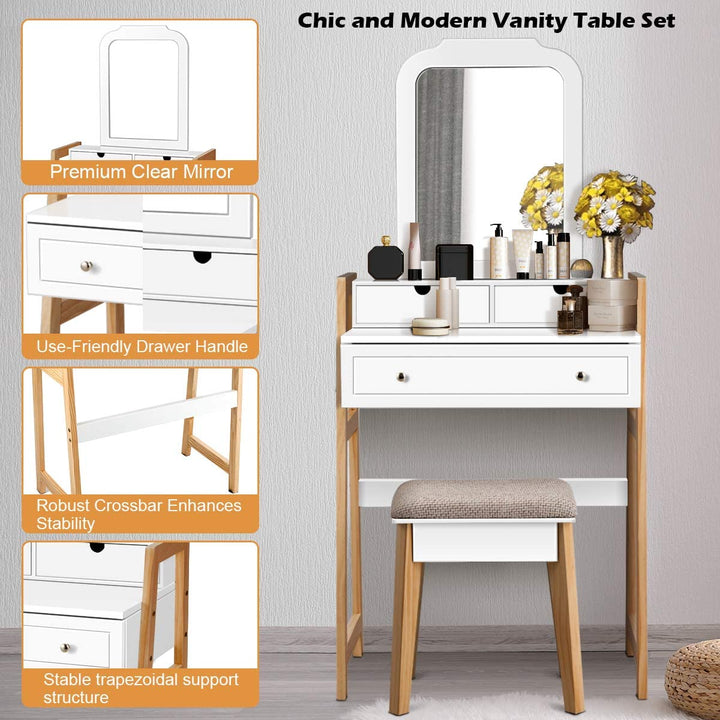 CHARMAID Vanity Set with 2-Tier Tabletop & 3 Drawers, 25inch Dressing Table with Large Mirror and Cushioned Stool - Giantexus