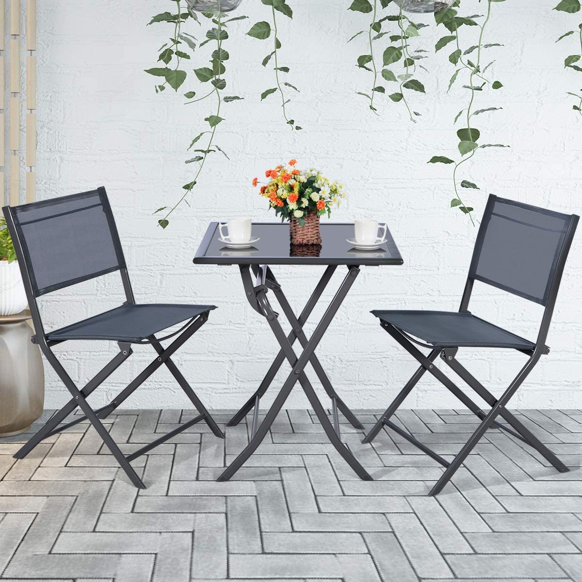 Giantex Metal Patio Dining Table and 2 Chairs, 3 Pieces Portable Patio Bistro Set for Garden Backyard Lawn