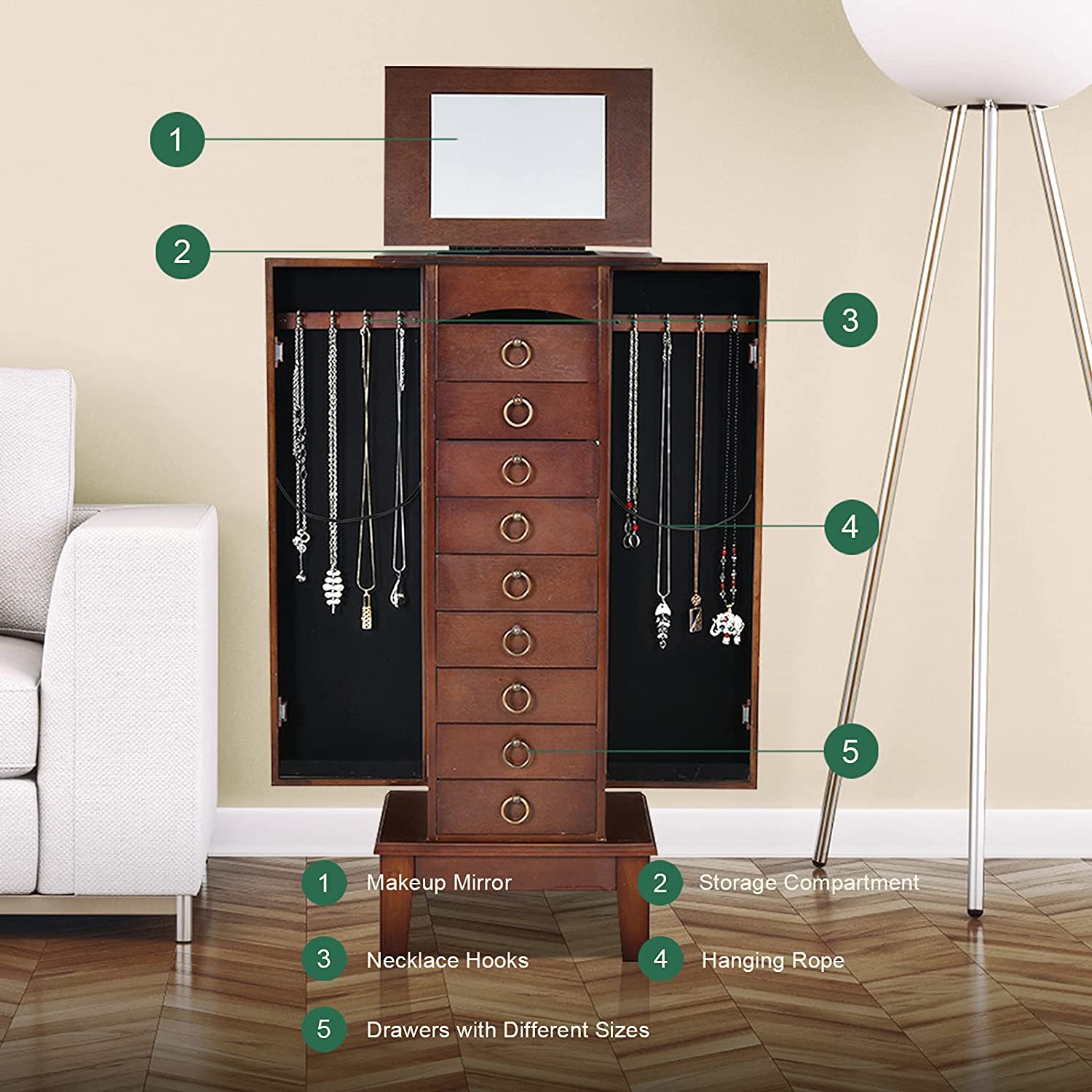 Jewelry Cabinet with Top Compartment Bedroom Armoire with Large Storage