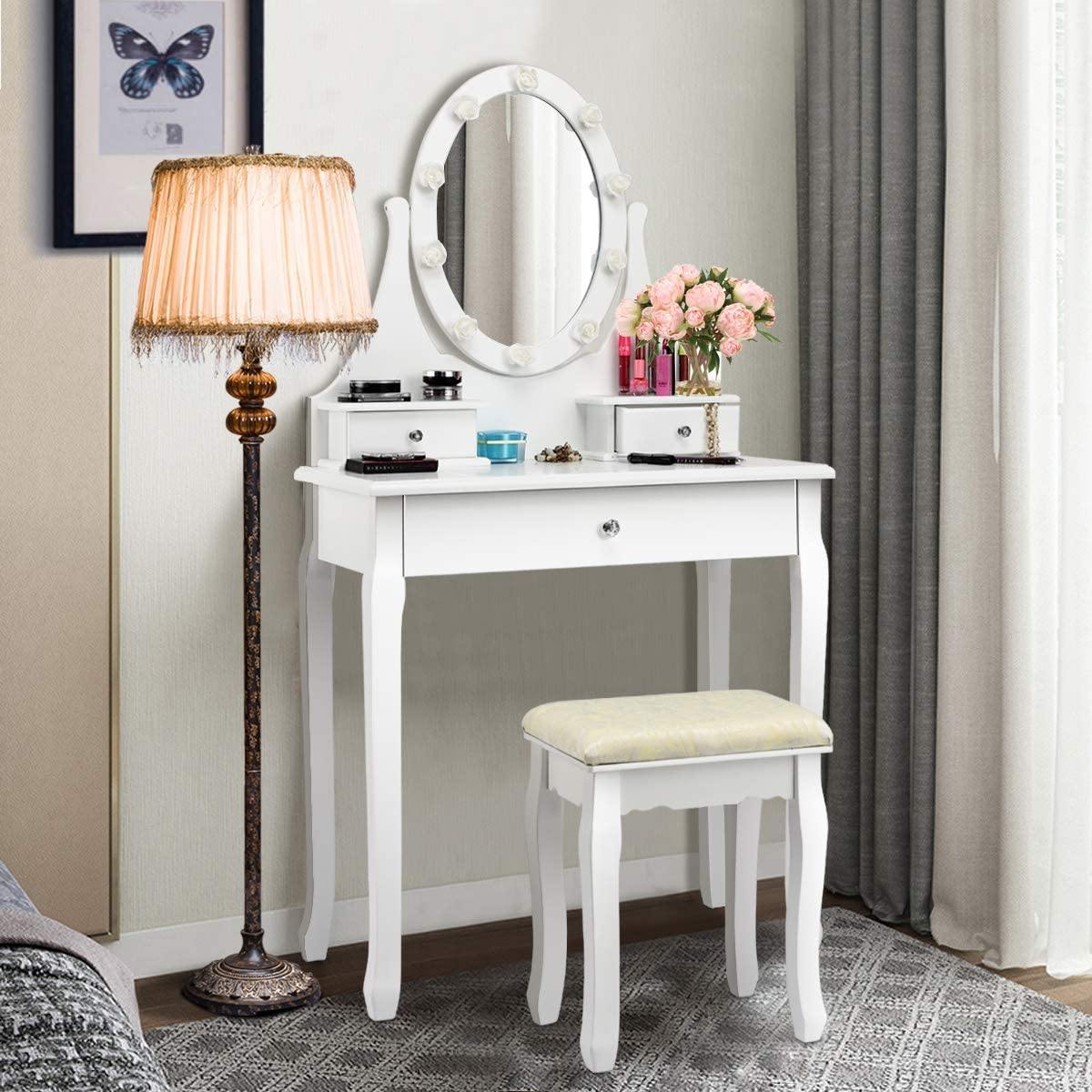 Vanity Set with Lighted Mirror, Makeup Table with 10 Rose Light - Giantexus