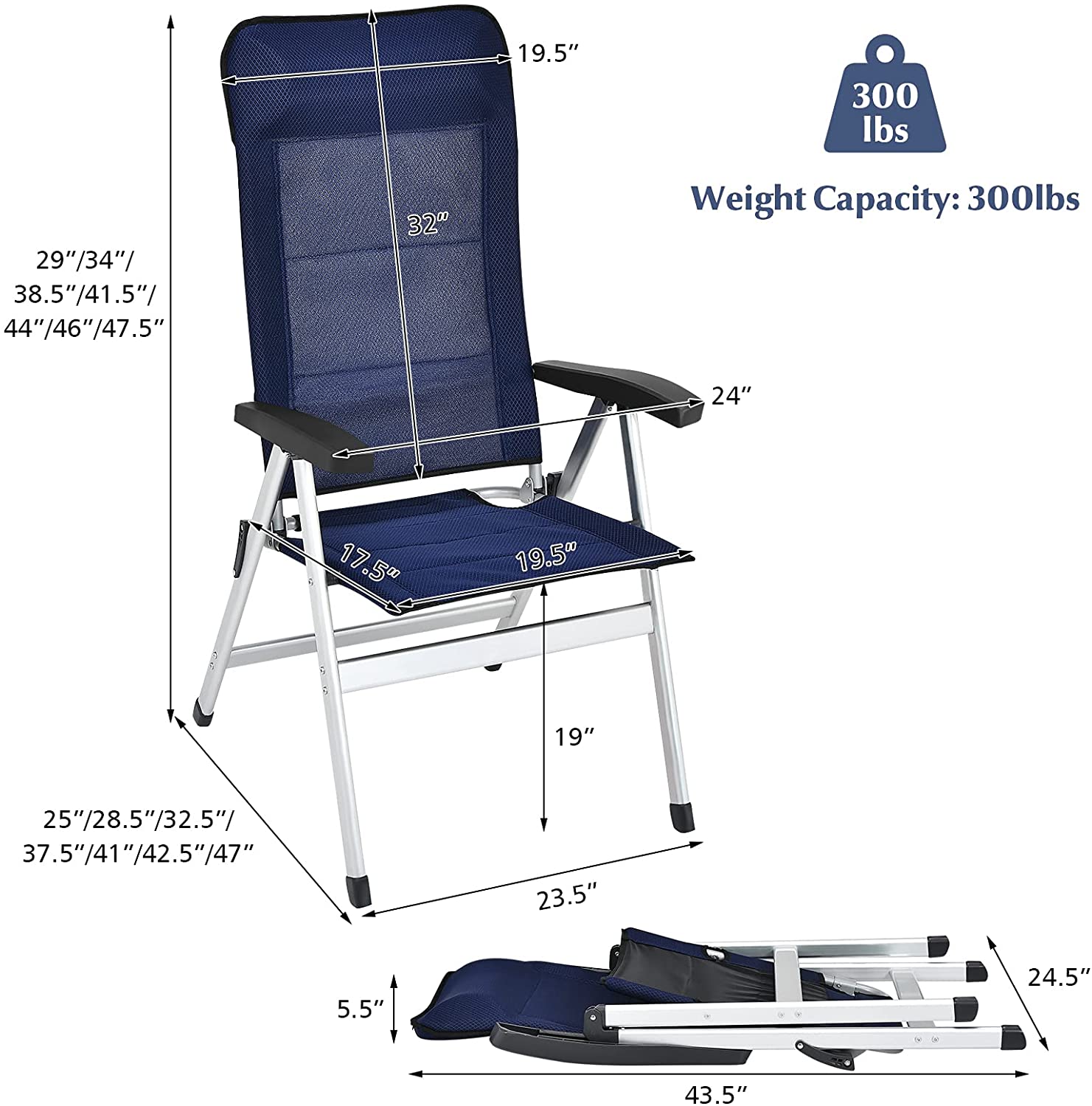 Giantex Set of 4 Patio Chairs, Folding Outdoor Chairs, High Back Recliner (Blue)