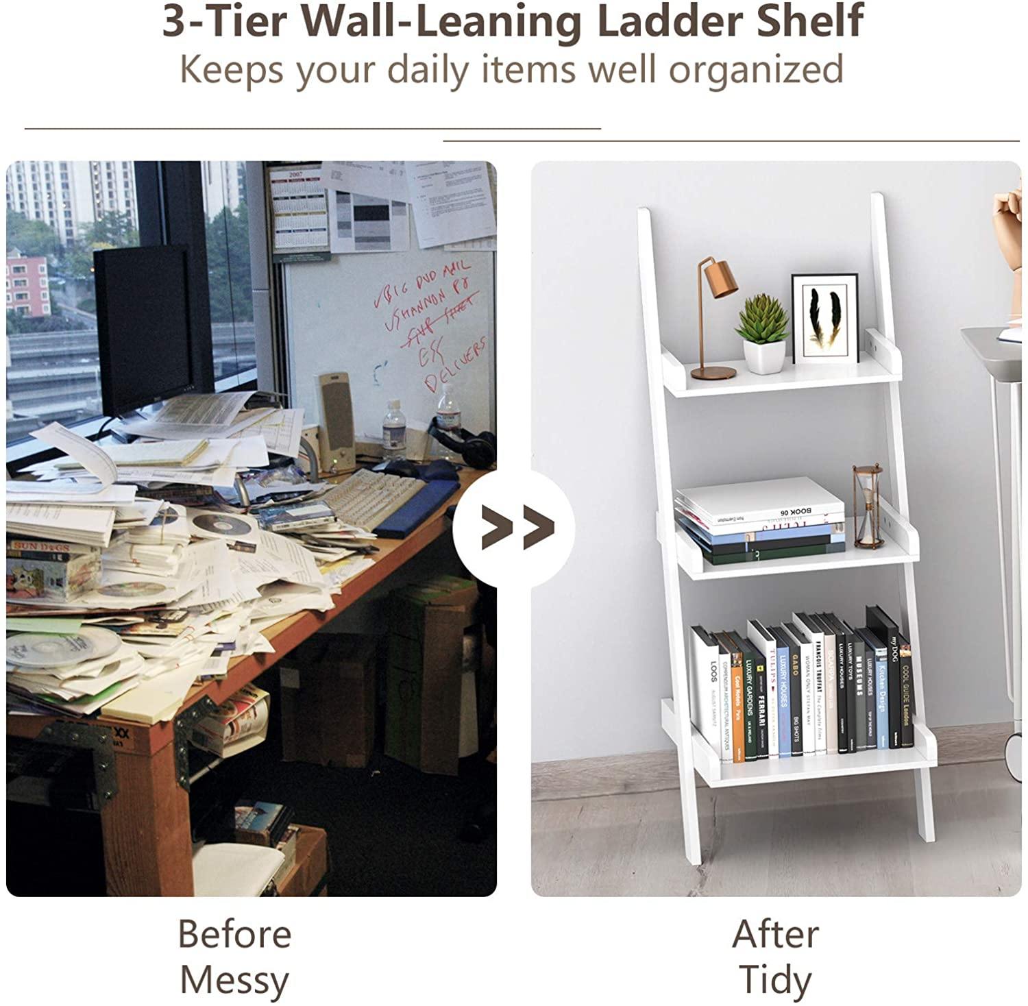 Ladder Shelf 3-Tier Wall-Leaning Bookshelf White - Giantexus