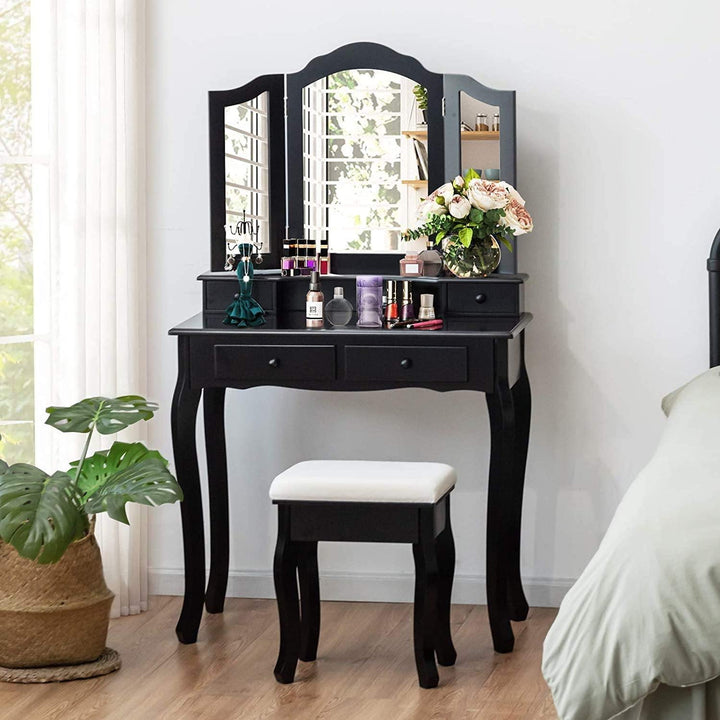 Vanity Table Set with Tri-Folding Mirror and 4 Drawers - Giantexus