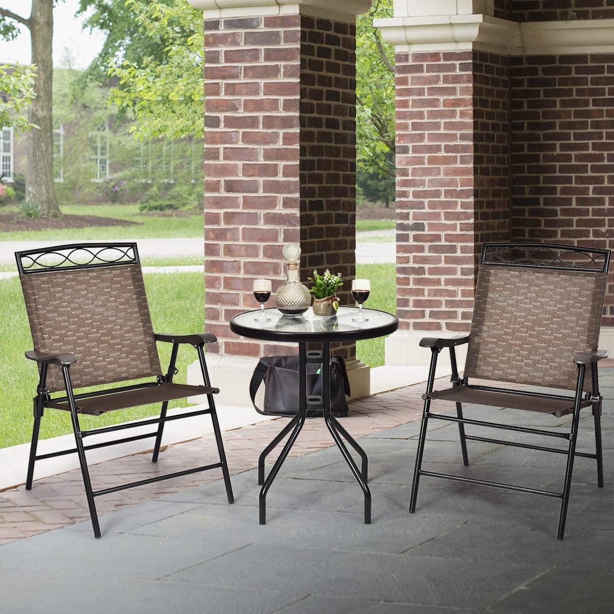Giantex Patio Dining Set Round Glass Table with 2 Patio Folding Chairs(Brown)